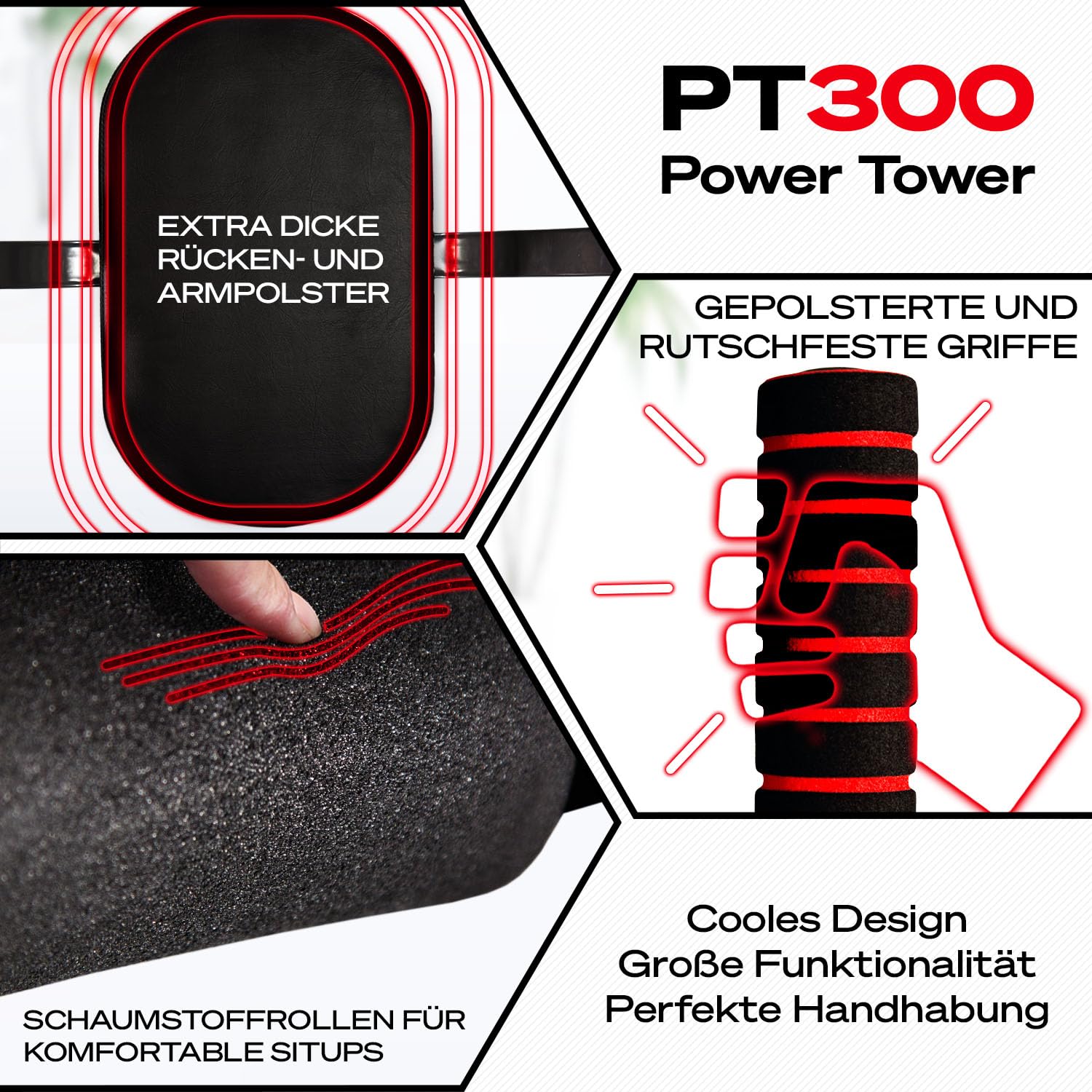 Sportstech Power Tower, multifunktionaler Kraftturm & Dip Station für Zuhause, Klimmzugstange, Liegestützgriffe, 4 Ösen für TRX & Schlingen, höhenverstellbare Dip Barren, Kraftstation für Calisthenics