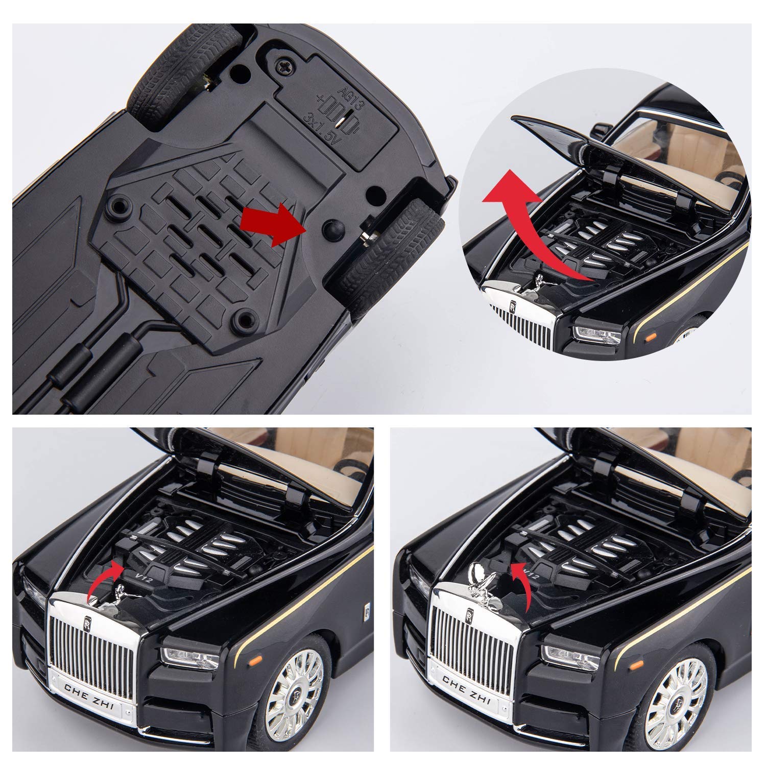 VARIYA ENTERPRISE® 1/24 Big Rolls Royce Toy Car Metal Pull Back Diecast Car with Openable Door and Sound Light, Gifts Toys for Kids【 RED 】 3