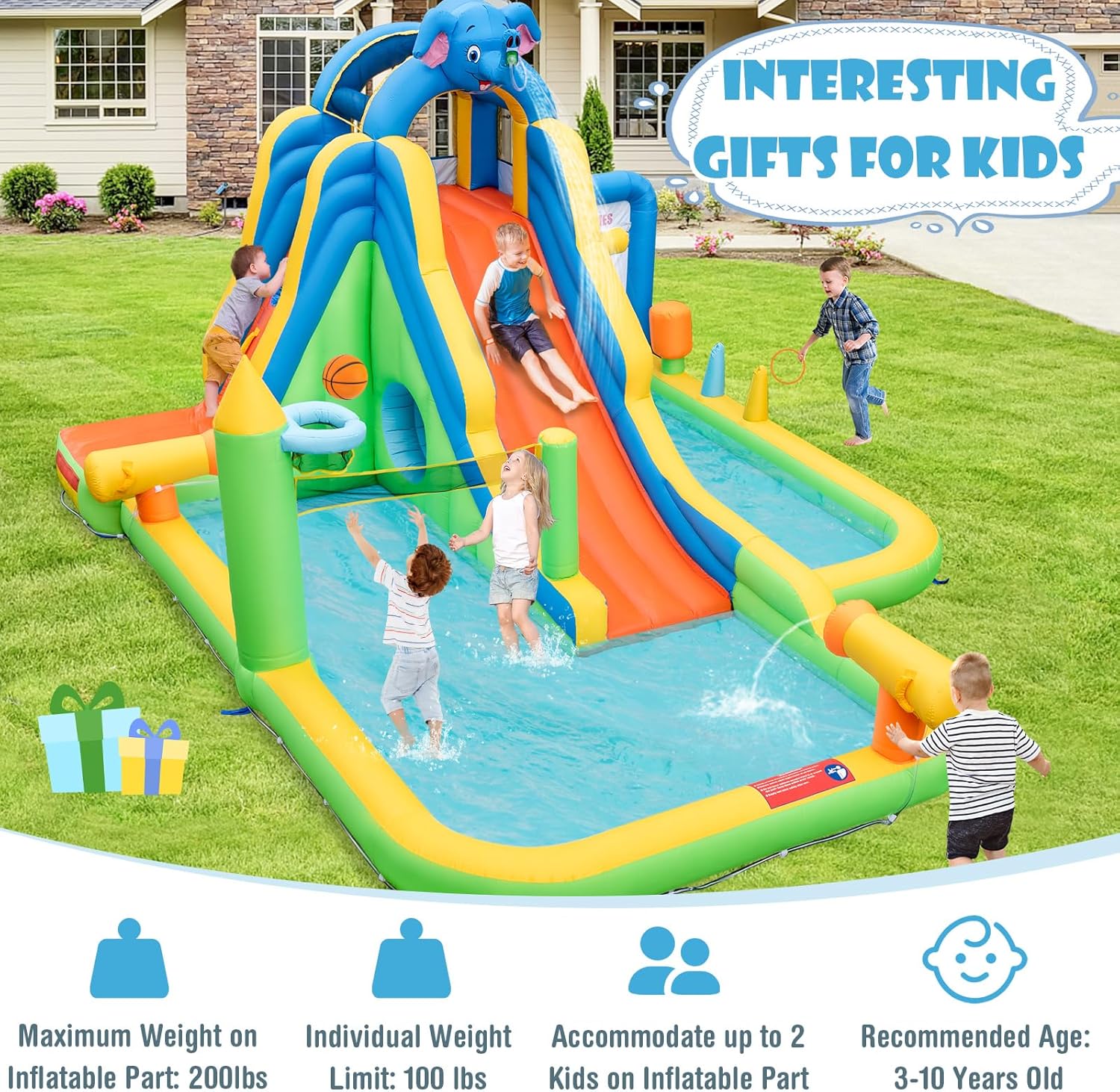 HONEY JOY Inflatable Water Slide, 9 in 1 Elephant Waterslide Water Park for Kids Backyard, Splash Pool, Tic Tac Toe, Climbing Wall, Water Slides Inflatables for Kids and Adults(with GFCI 750w Blower)