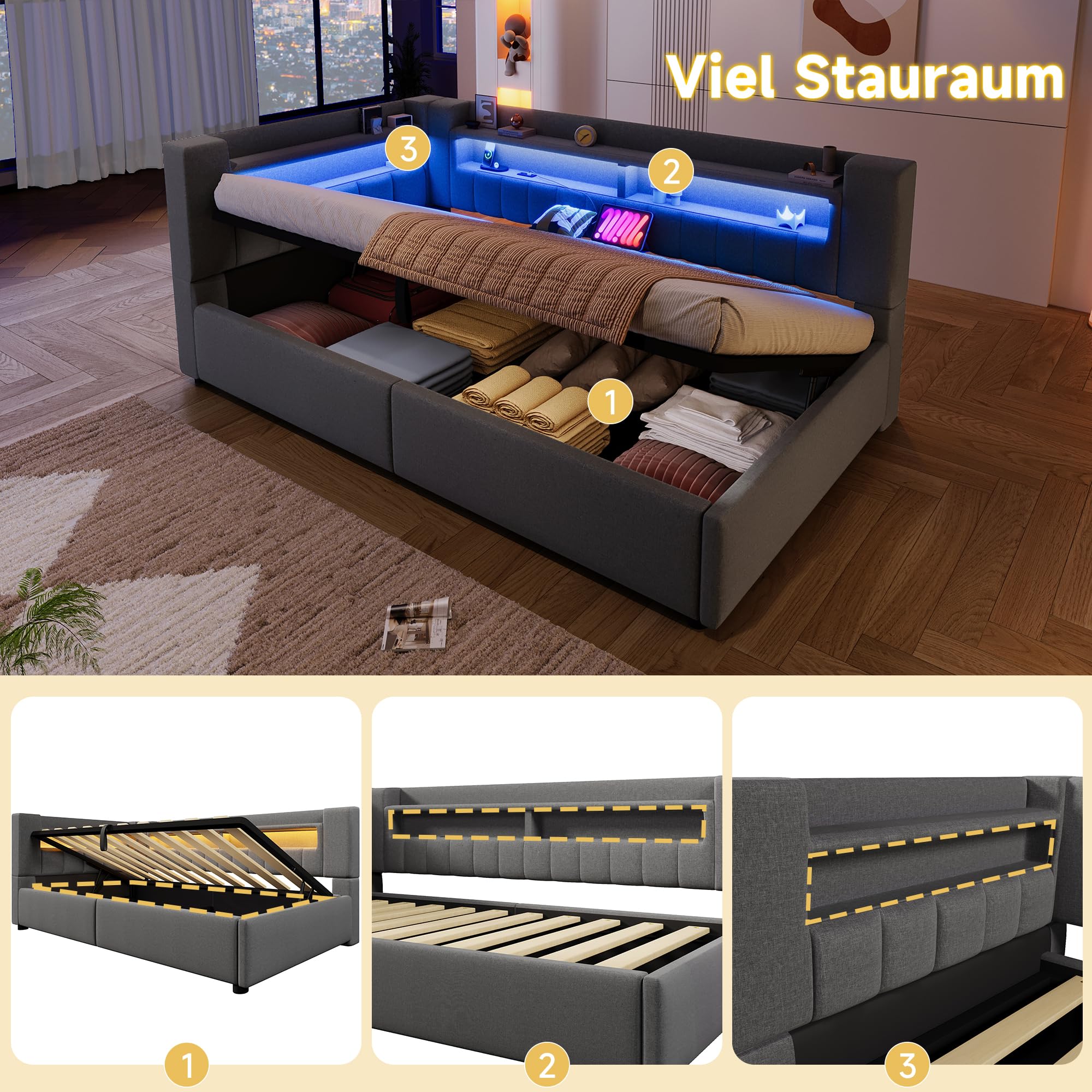 Daybett, 90 x 200 cm,Hydraulische Lagerungt, Mit USB Typ-C Ladefunktion, LED-Beleuchtung, Sofabett, Einzelbett, Ohne Matratze, Leinen, minimalistischer Stil,Grau