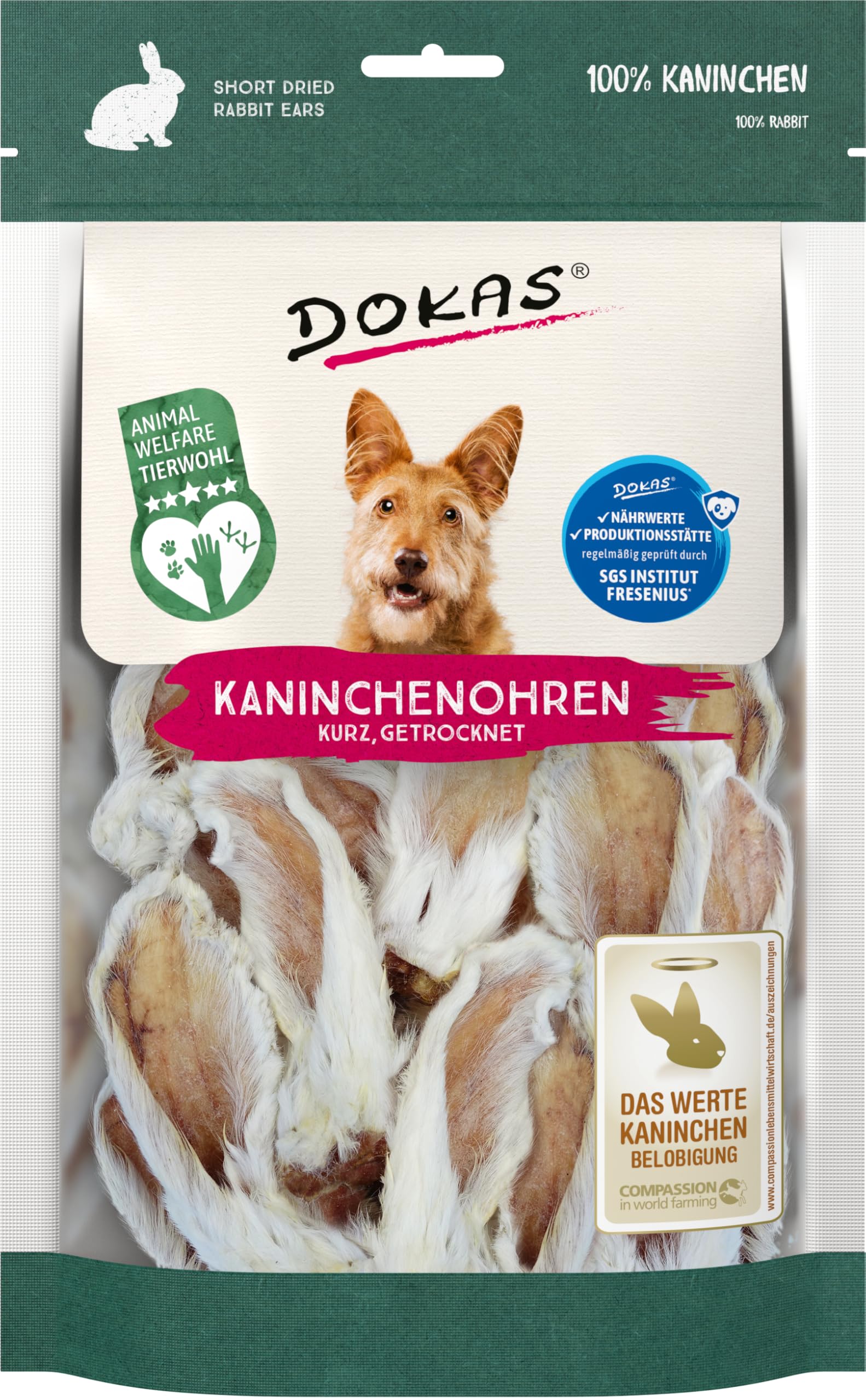 DOKAS Królicze uszy z futerkiem – naturalna przekąska premium bez zbóż, dla psów, w 100% z królika, krótka dla małych psów, 1 x 100 g