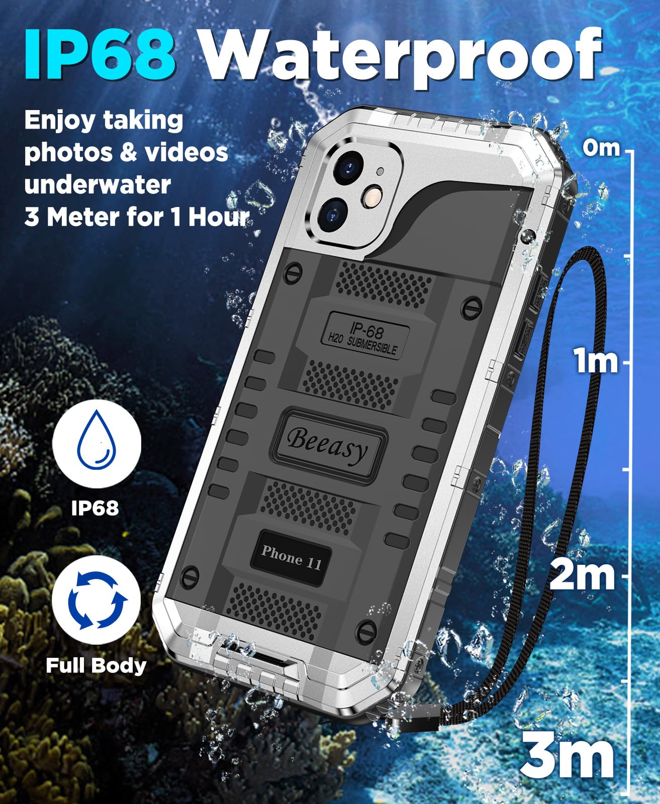 Beeasy Funda para iPhone 11 Impermeable Antigolpes Militar Metálica - IP68 Waterproof Agua Sumergible Acuatica, 360 Grado Completa Protectora, Irrompible Resistente Armor Carcasa, Plateado