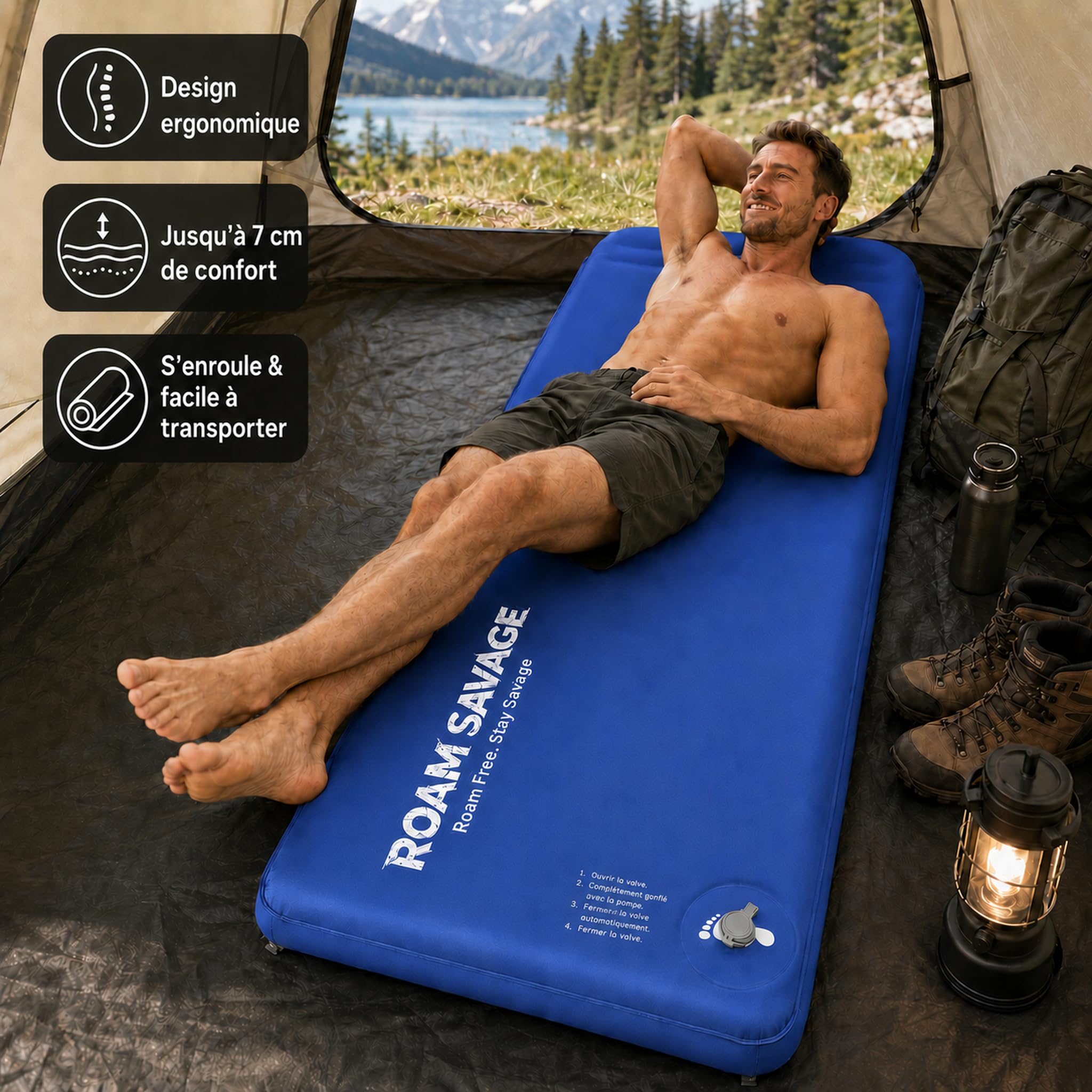 ROAM SAVAGE Tapis de camping autogonflant avec oreiller intégré, léger | R-Value 8.0 Matelas de couchage isolé, usage 4 saisons, pour randonnée, bivouac, terrasse, intérieur, soleil