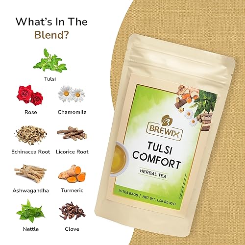 Miniatura 2 de BREWIX, Tulsi Comfort - Bolsas de té (15 bolsas de té pirámide), té de albahaca sagrada, sin cafeína, té de hierbas, sabor relajante, fresco y fresco