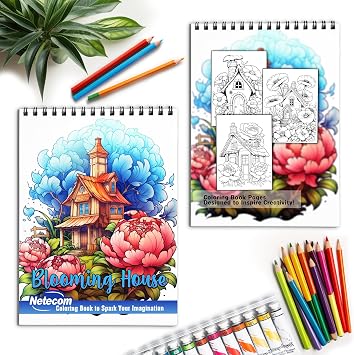 Netecom Blooming House Coloring Book for Adults, Spiral Bound Edition, Premium Cover, 30 Picturesque Scenes Coloring Pages of Floral House Designs for Stress Relief and Relaxation