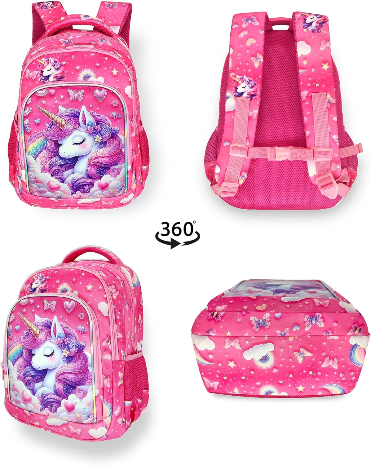 Pink Unicorn Girls Backpack Cute Kids School Bag for Elementary Toddler Kindergarten Preschool, Children's Bookbag Travel Back Pack With Chest Strap 15"