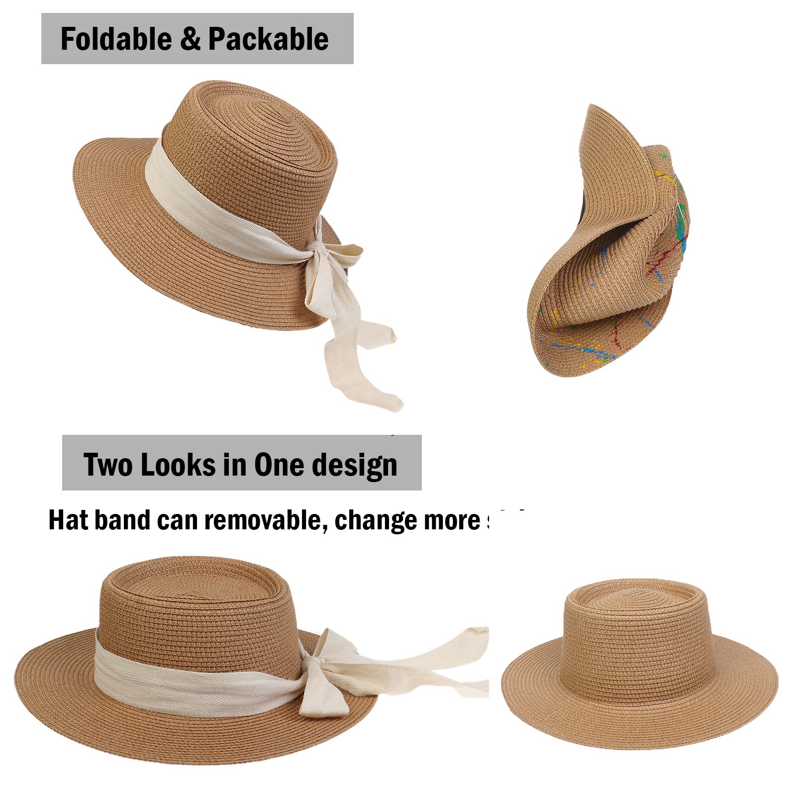 Sombrero de playa de ala ancha con protección solar para mujer, sombrero de playa con lazo blanco, gorra de paja, casual, para mujer, gorra de barco para iglesia al aire libre