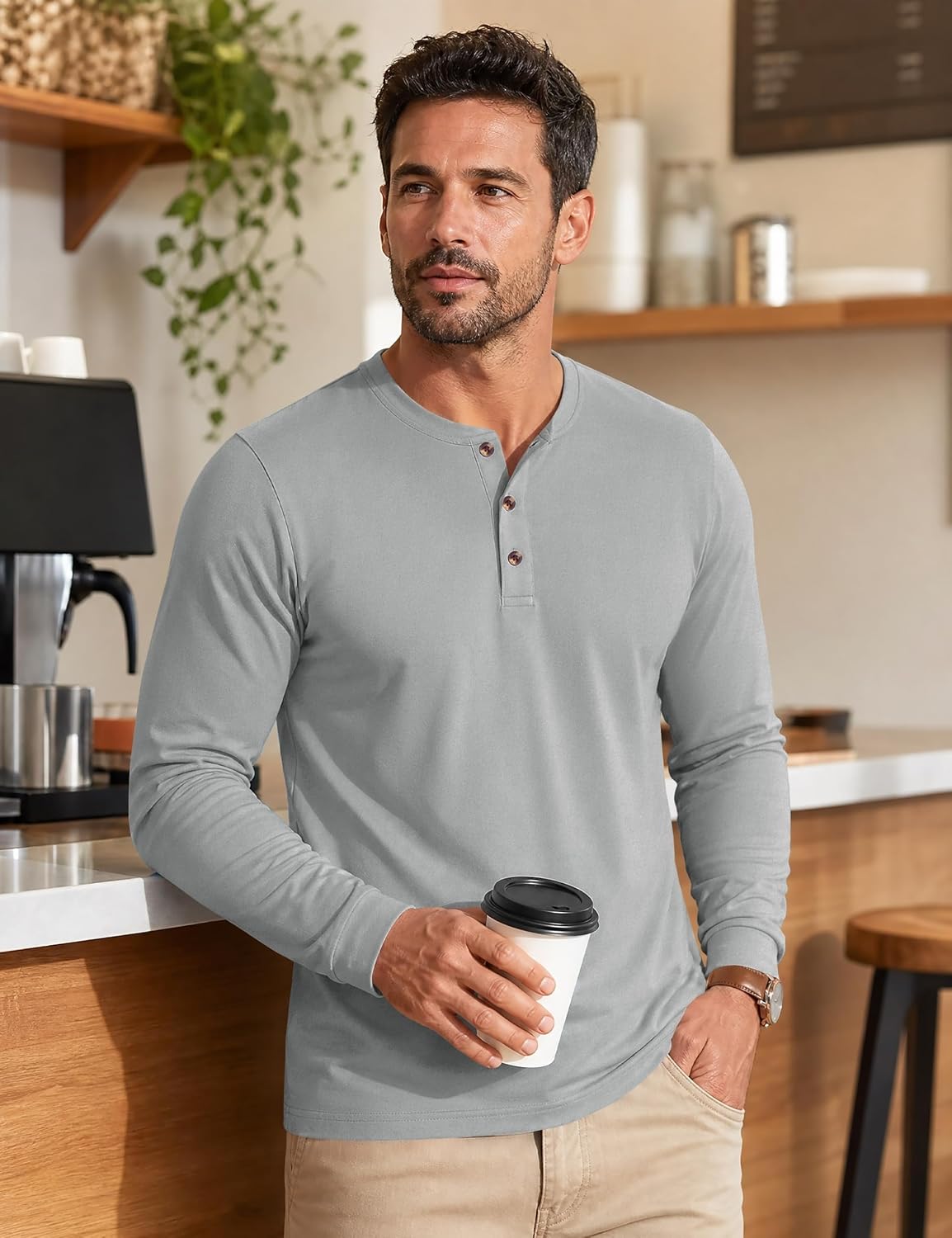 MAGNIVIT Men's Cotton Henley Shirt Long Sleeve Solid Color Casual Tee image 2