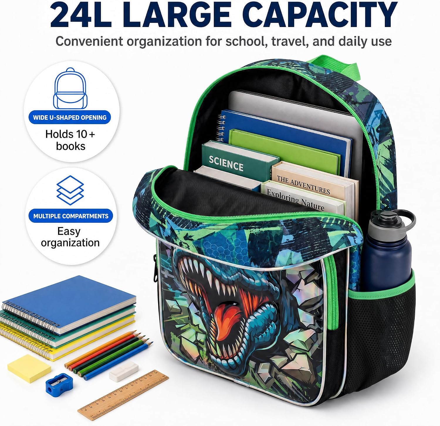 17" Dinosaur Backpack for Boys,3D Holographic T-Rex Dino Backpack