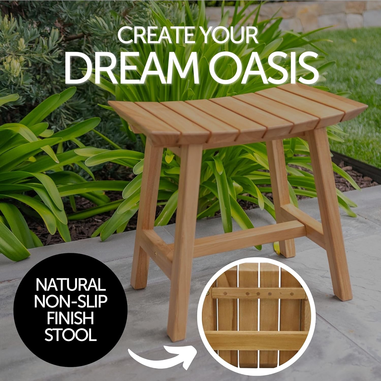 NORDIC STYLE TEAK Shower Bench – 19″ Solid Teak Wood Bath Stool with Slatted Seat – Wooden Shower Seat for Bathroom, Spa, or Outdoor Use – Natural Finish Teak Bathroom Stool