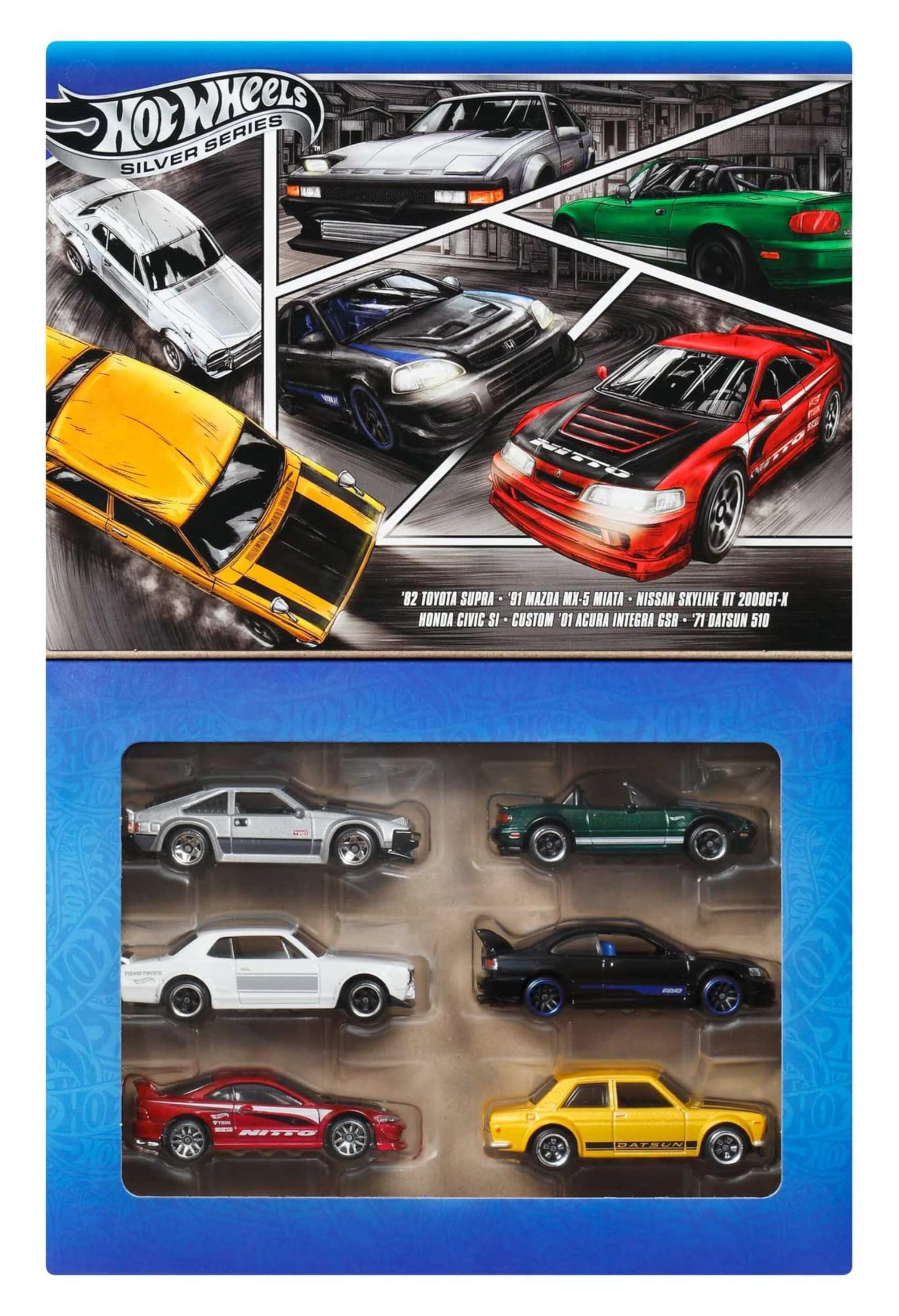 Hot Wheels1:64 Scale Die-Cast Toy Cars, Set of 6 Japanese Vehicles with Elevated Deco (Styles May Vary), JBY77