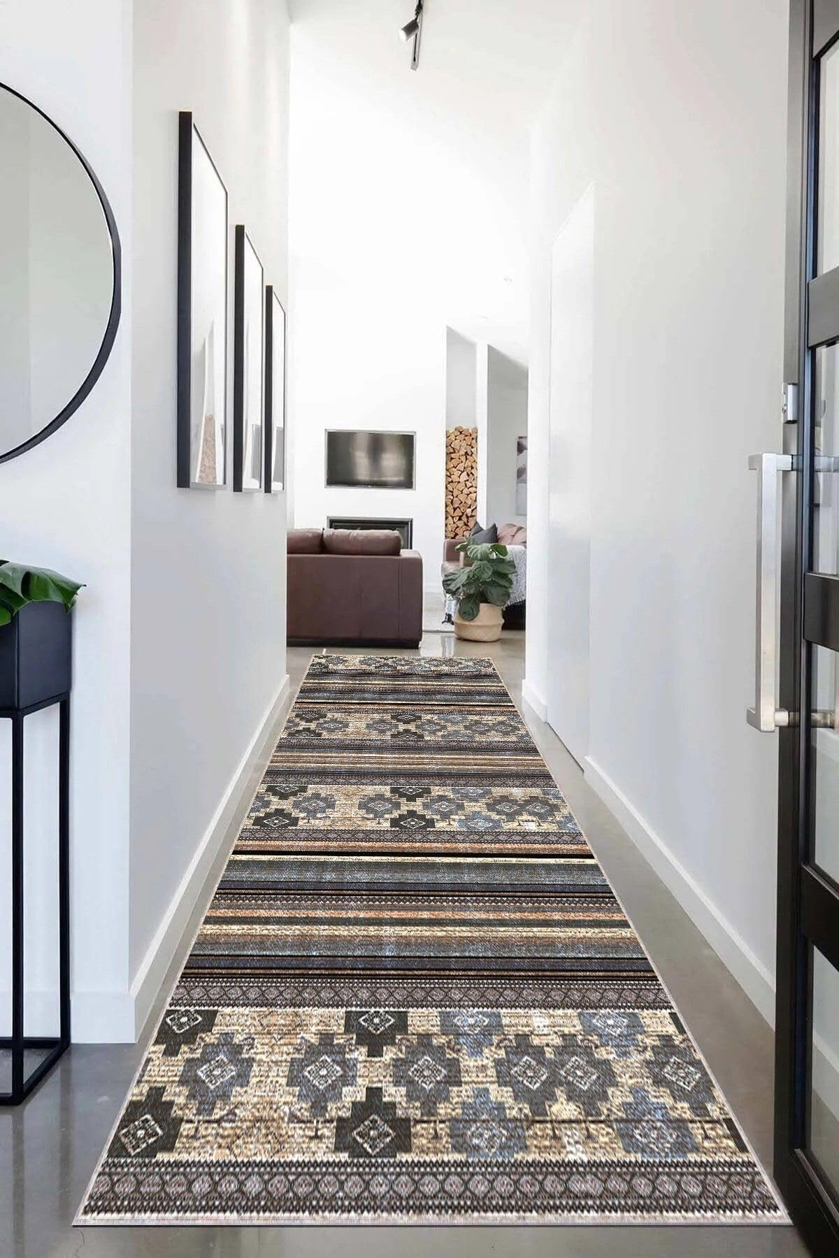 Pelangi Geometrik Desenli Dijital Baskı Yıkanabilir Kaymaz Taban Etnik Kilim Desen Salon Halısı ve Yolluk, Mor-Bej 80 x 200, 955575915802007