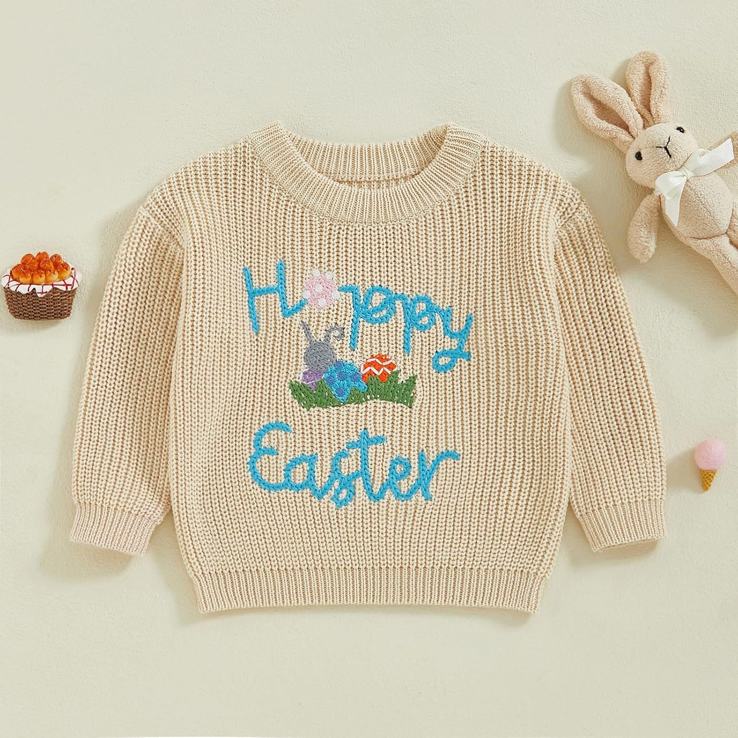 Toddler Baby Girl Boy Easter Jumper Embroidered Letter Sweater Long Sleeve Knitted Sweatshirt Clothes - Image 2