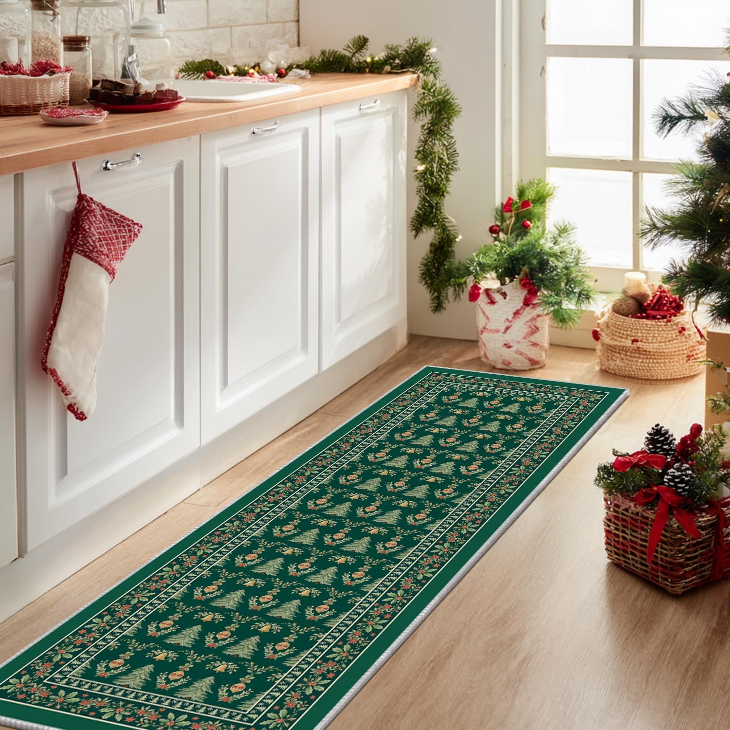 Artoid Mode Green Xmas Tree Mistletoe Christmas Runner Rug, Winter Home Decor Low-Profile Non-Slip Washable Carpet Runner for Hallways Kitchen Laundry Bedroom Bathroom 2x6 Feet - Image 4