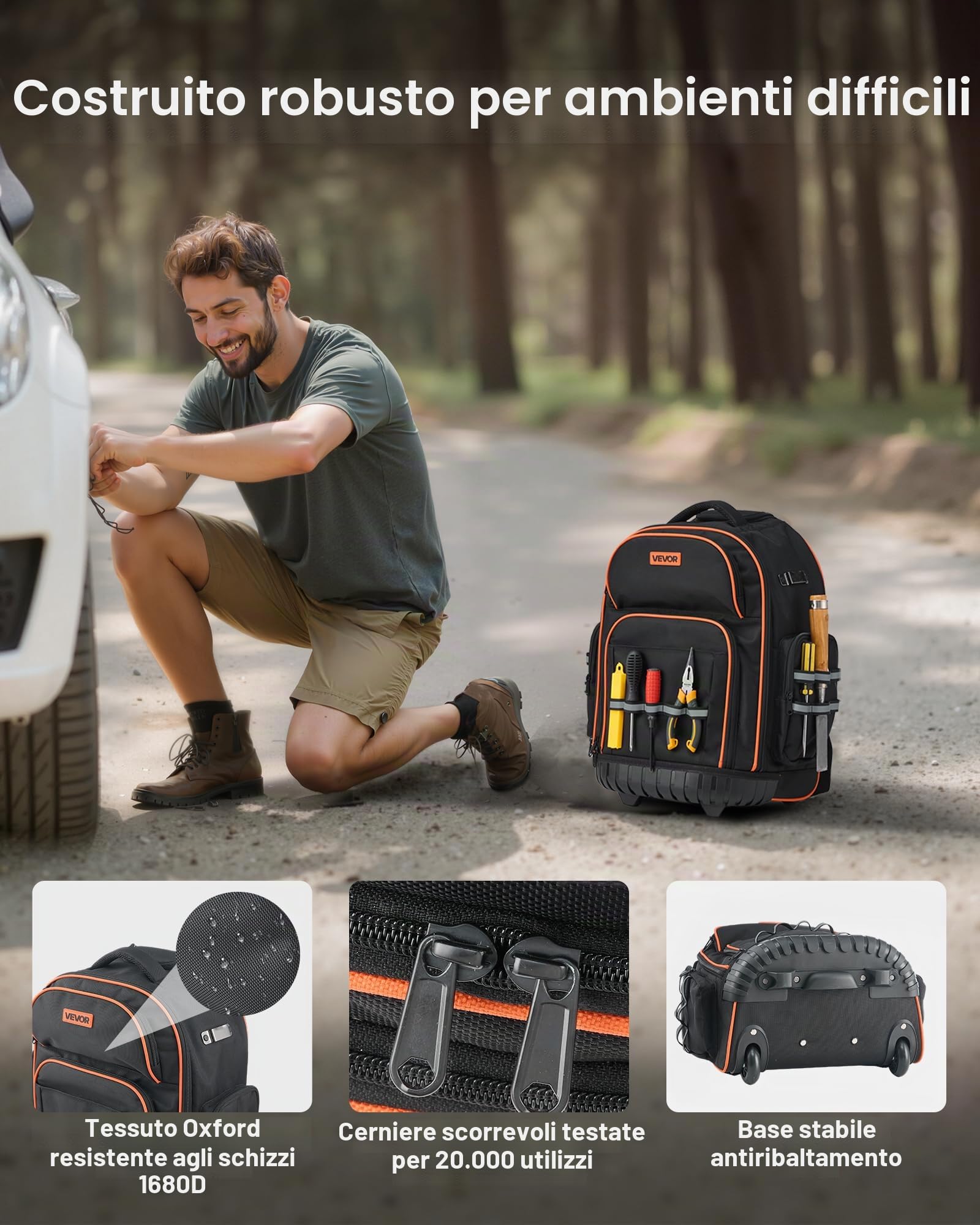 VEVOR Zaino Portautensili con Ruote, Capacità 50 kg, Borsa Portautensili con Ruote da 45 Tasche, Maniglia Telescopica Regolabile e Base Stabile, Organizzatore per Borse per Edilizia, Meccanico
