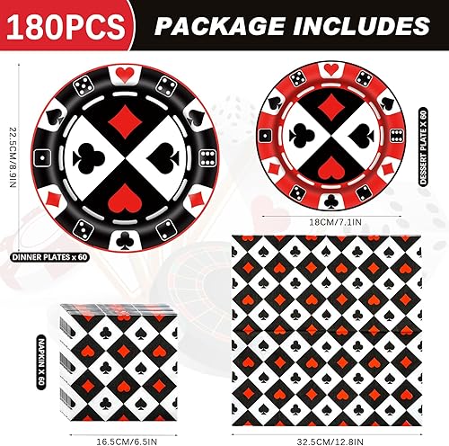 Miniatura 2 de 180 piezas de suministros de fiesta de casino sirven 60 platos de papel y servilletas para fiestas de póquer de casino nocturno, club de póquer,