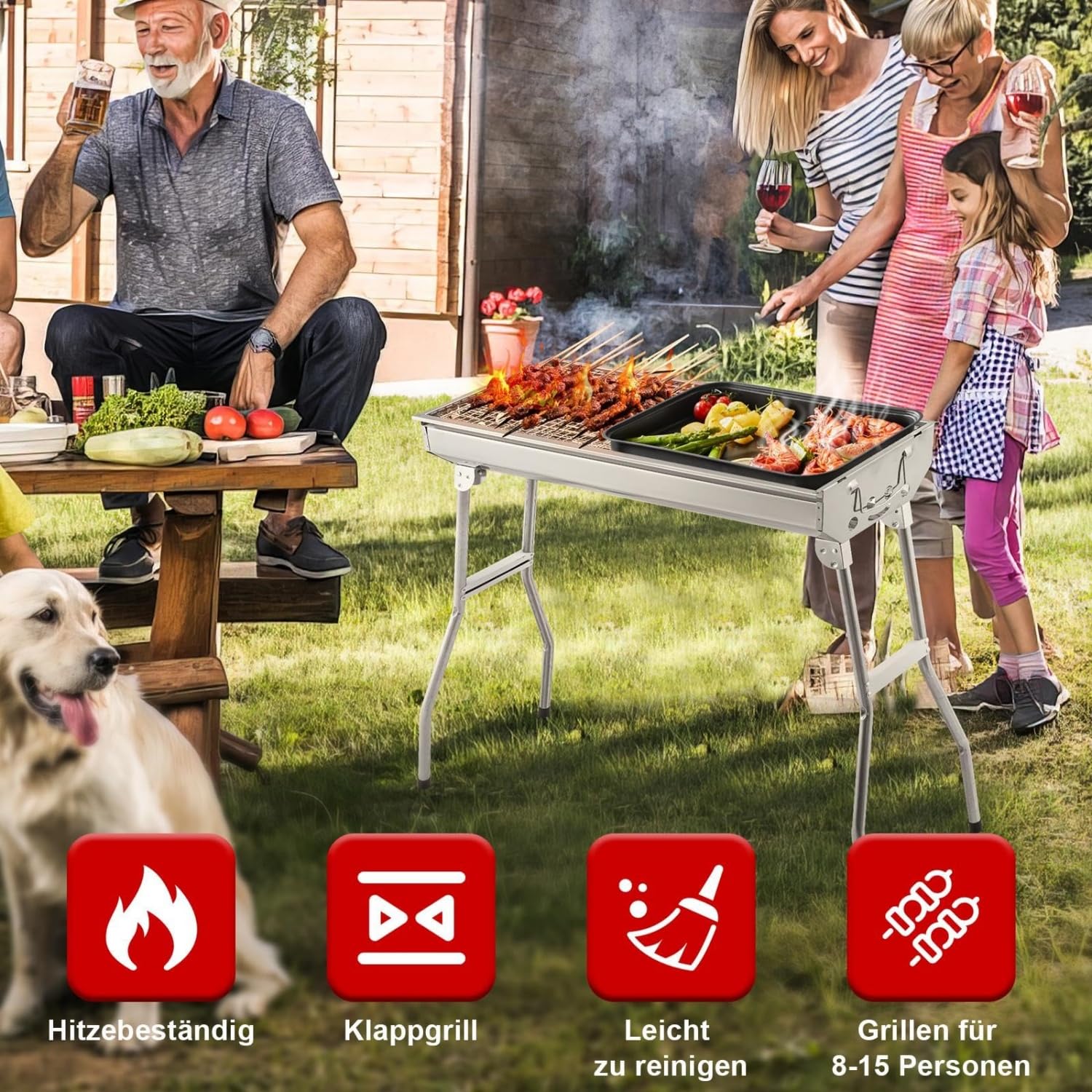 Składany grill BBQ ze stali nierdzewnej, przenośny z torbą do przechowywania, boczną półką, stojakiem na przyprawy i wiszącymi koszami, do gotowania na kempingu, w ogrodzie, na plaży i w domu