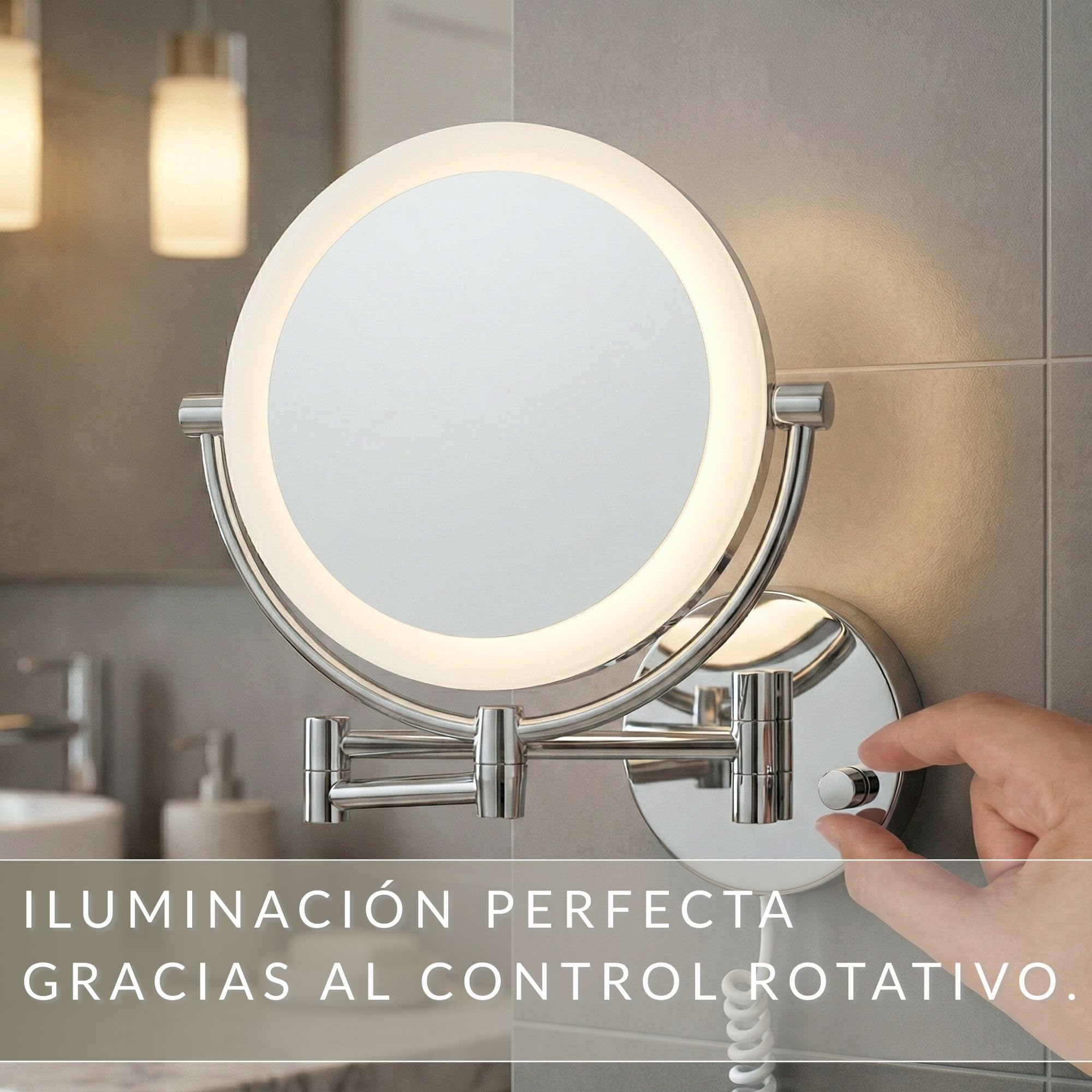 Modena Espejo de Aumento de Pared con LED – Espejo de Maquillaje Giratorio 360° con Atenuador, Luz Natural e Ingrandimento 5x/10x