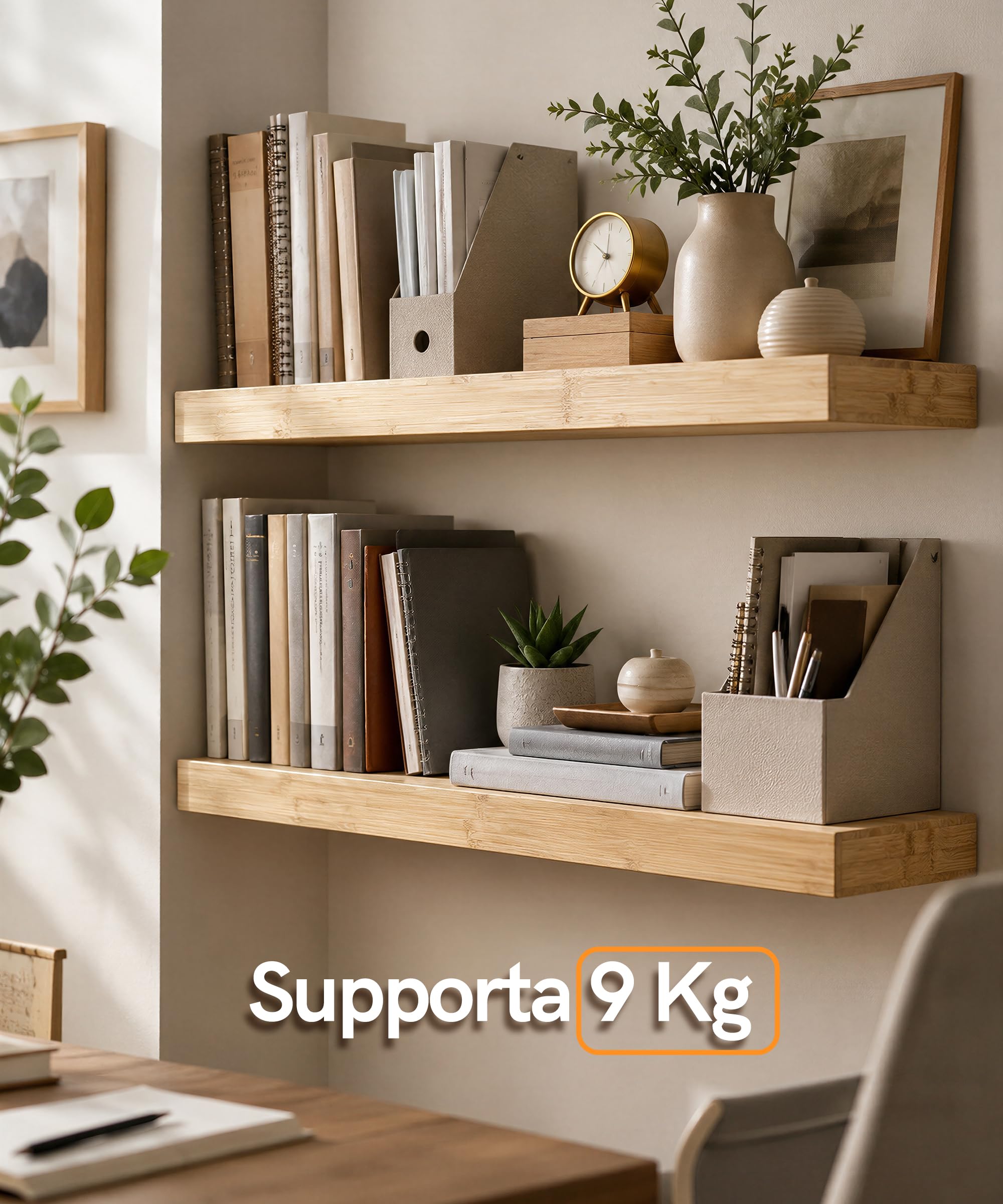 Afuly Mensole da Muro in Bambù per Soggiorno in Legno, 60 x 20 cm Set di 2 | Supporti nascosti, per libri, piante, foto e decorazioni, soggiorno, camera da letto, cucina e bagno, per uso quotidiano