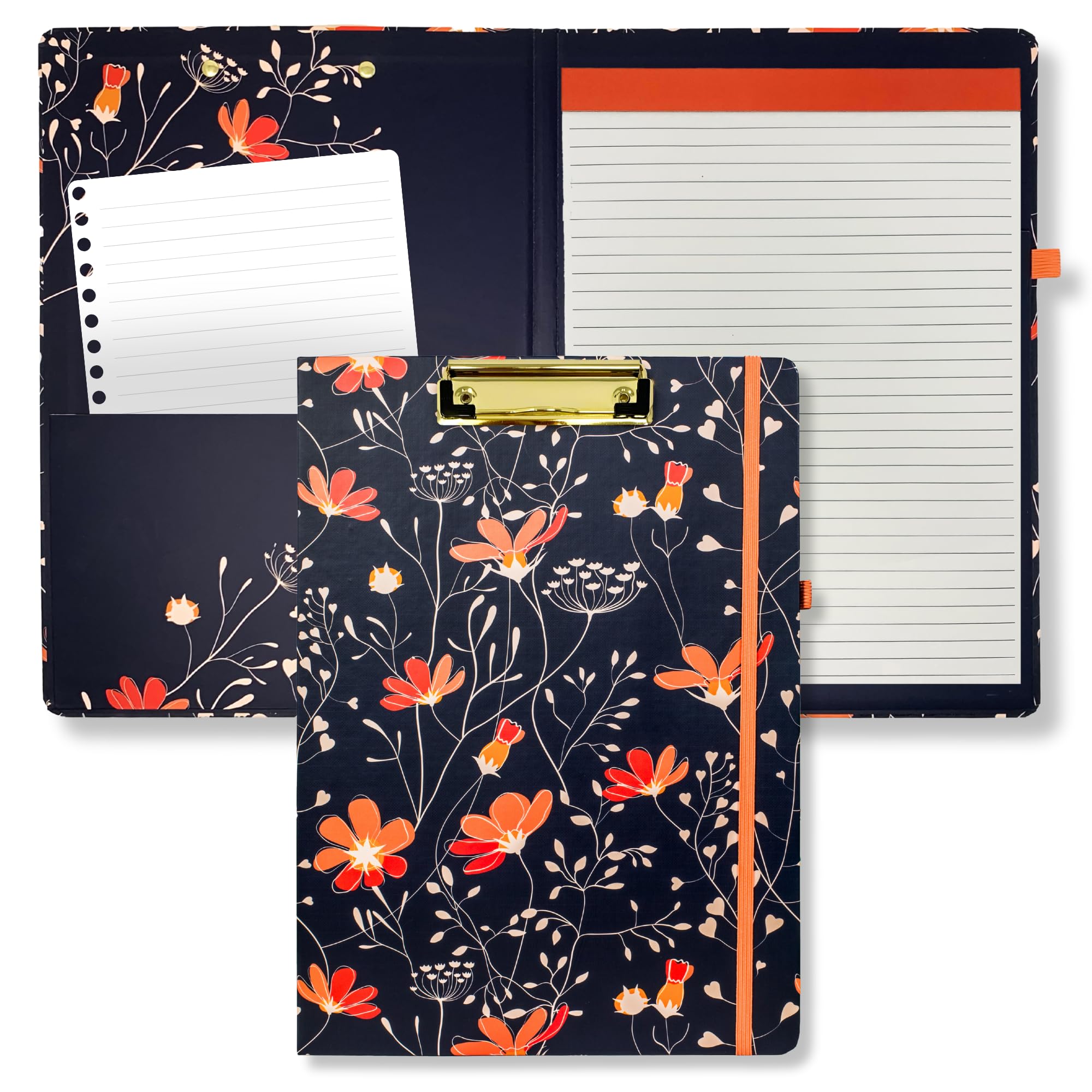 Steel Mill & Co Cute Clipboard Folio with Refillable Lined Notepad and Interior Storage Pocket, Navy Blue Padfolio for Work, Floral Vines
