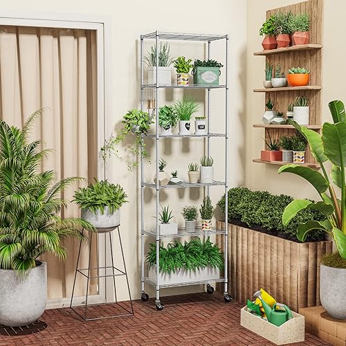 Miniatura 4 de Homdox Estante de almacenamiento de 6 niveles, estantería de alambre, organización de estante independiente con ruedas giratorias, ganchos laterales