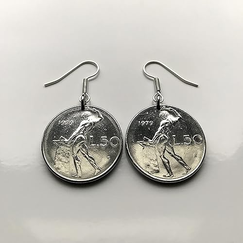 Vista 2 de 1959 Italy 50 Lire coin earrings Italian jewelry Vulcan blacksmith Roma Milan Florence Venice Verona Genoa Perugia Palermo Bologna Torino Napoli
