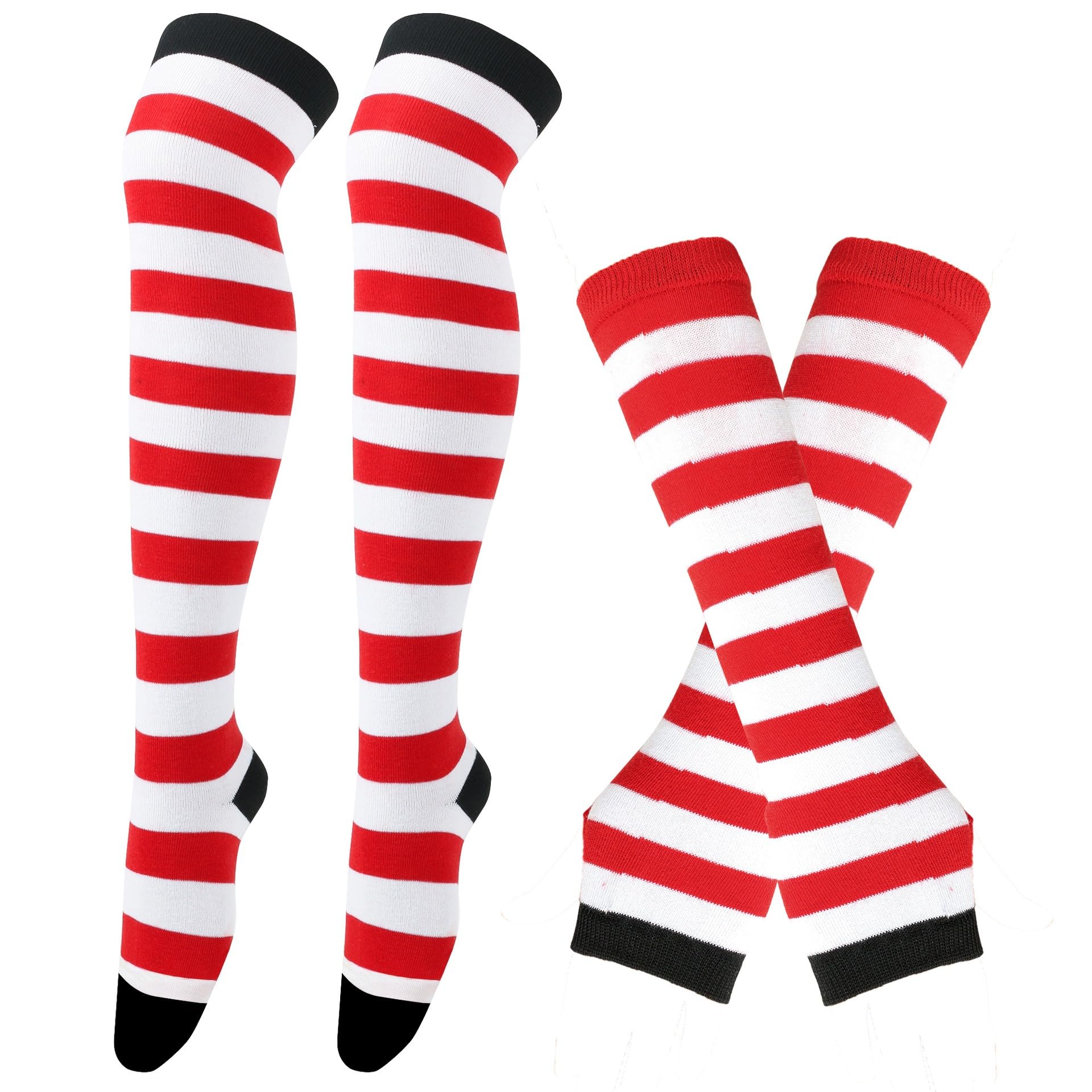 Striped Overknee Socks and Fingerless Gloves Set for Women Girls Long Stockings, Arm Warmers for Cosplay Striped Knee Socks