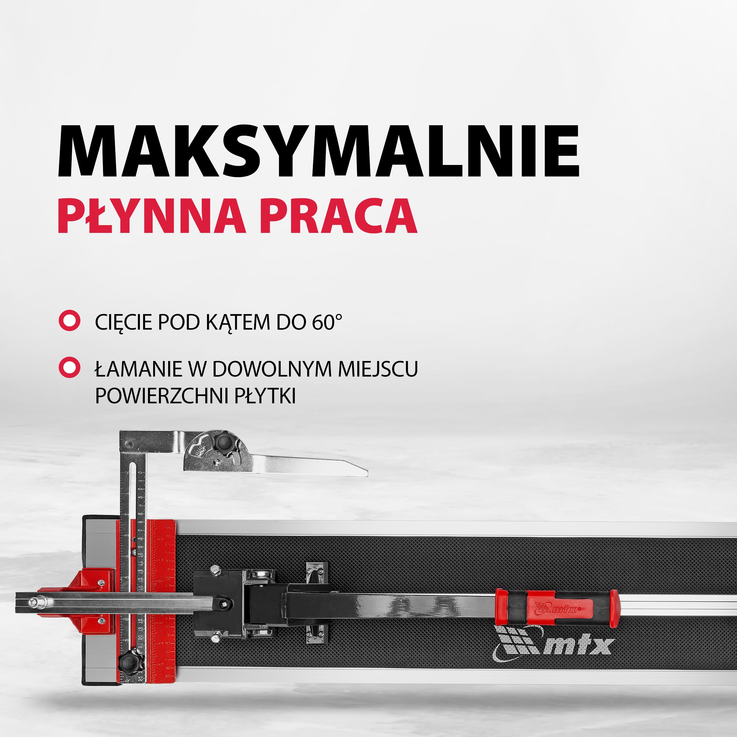 MTX Przecinarka Do Płytek Szynowa Do 900 Mm, 16 Mm – Wózek Na Łożyskach, Szyna Stalowa Antykorozyjna, Cięcie 45°, Regulowana Obejma, Lekka Rama Aluminiowa