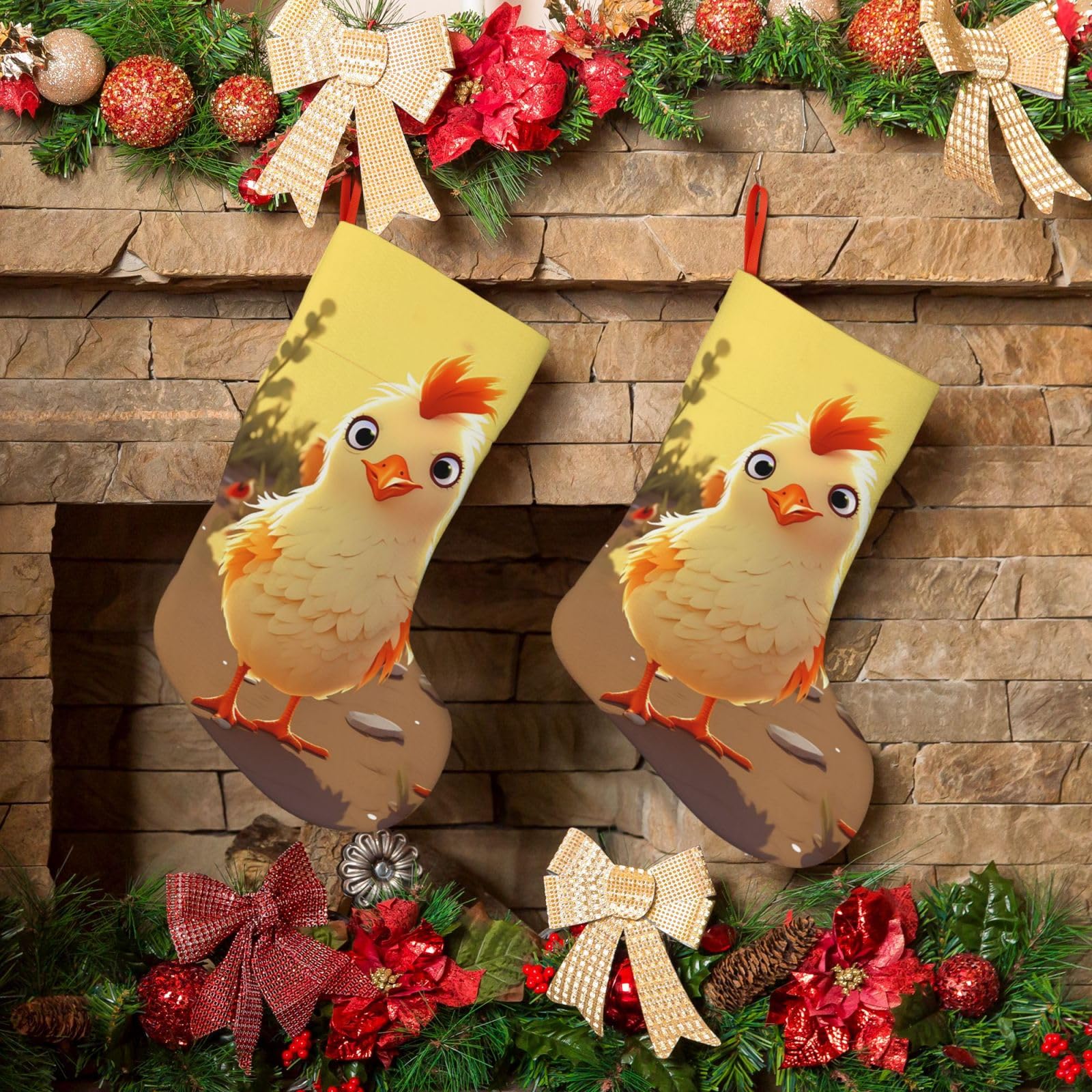 KLOPH Christmas Stockings 18" Personalized Xmas Stocking Chicken Chick Decoration Stocking Hanging Fireplace Stocking for Holiday Xmas Tree Christmas Fireplace Decor