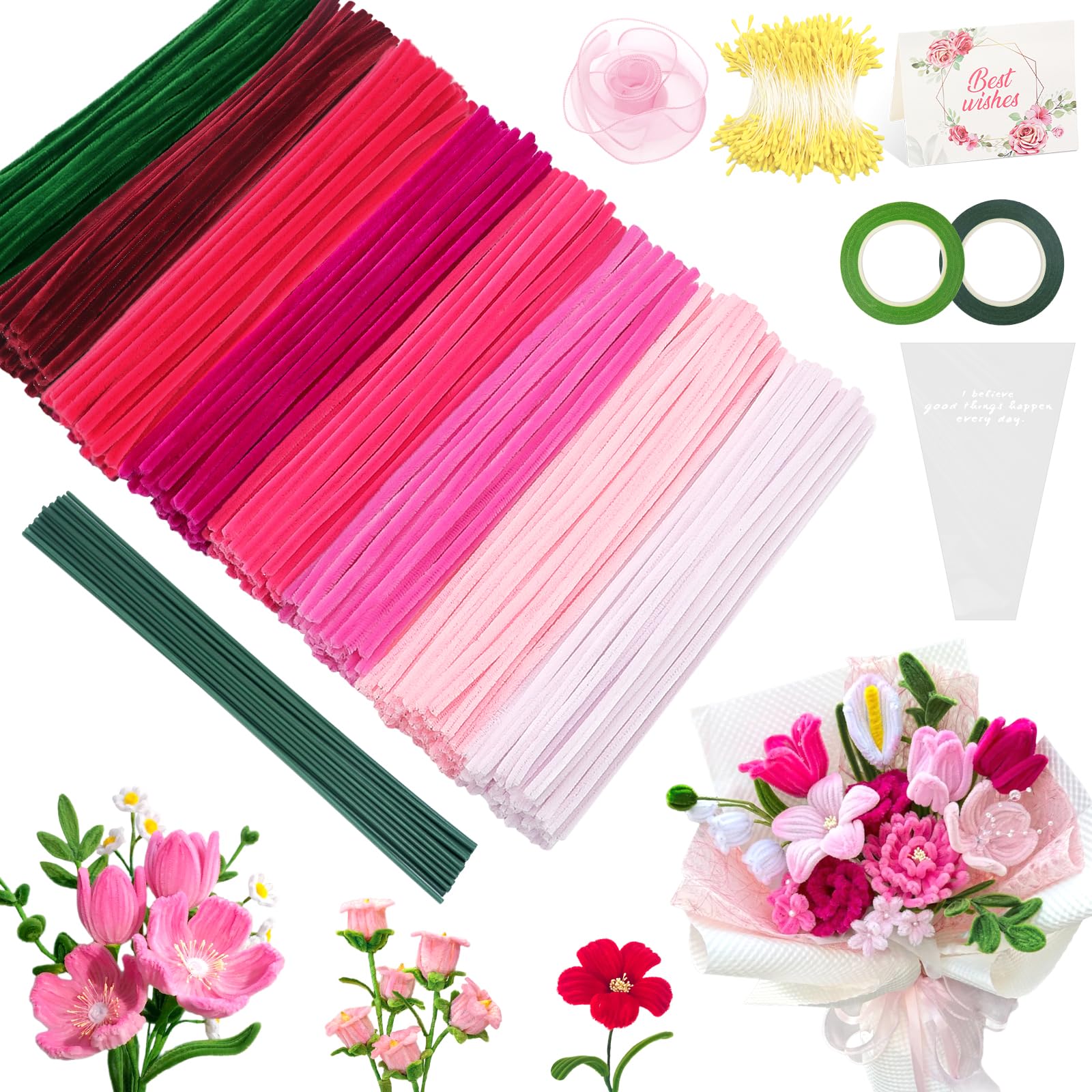 Epaing Pfeifenputzer zum Basteln, 400 Stück 8 Farben Pipe Cleaner Flower Set, mit Staubgefäße, Blütenstiel, Karte, Klebeband, Fischschwanzgarn und Blumentasche, Pfeifenreiniger Blumen