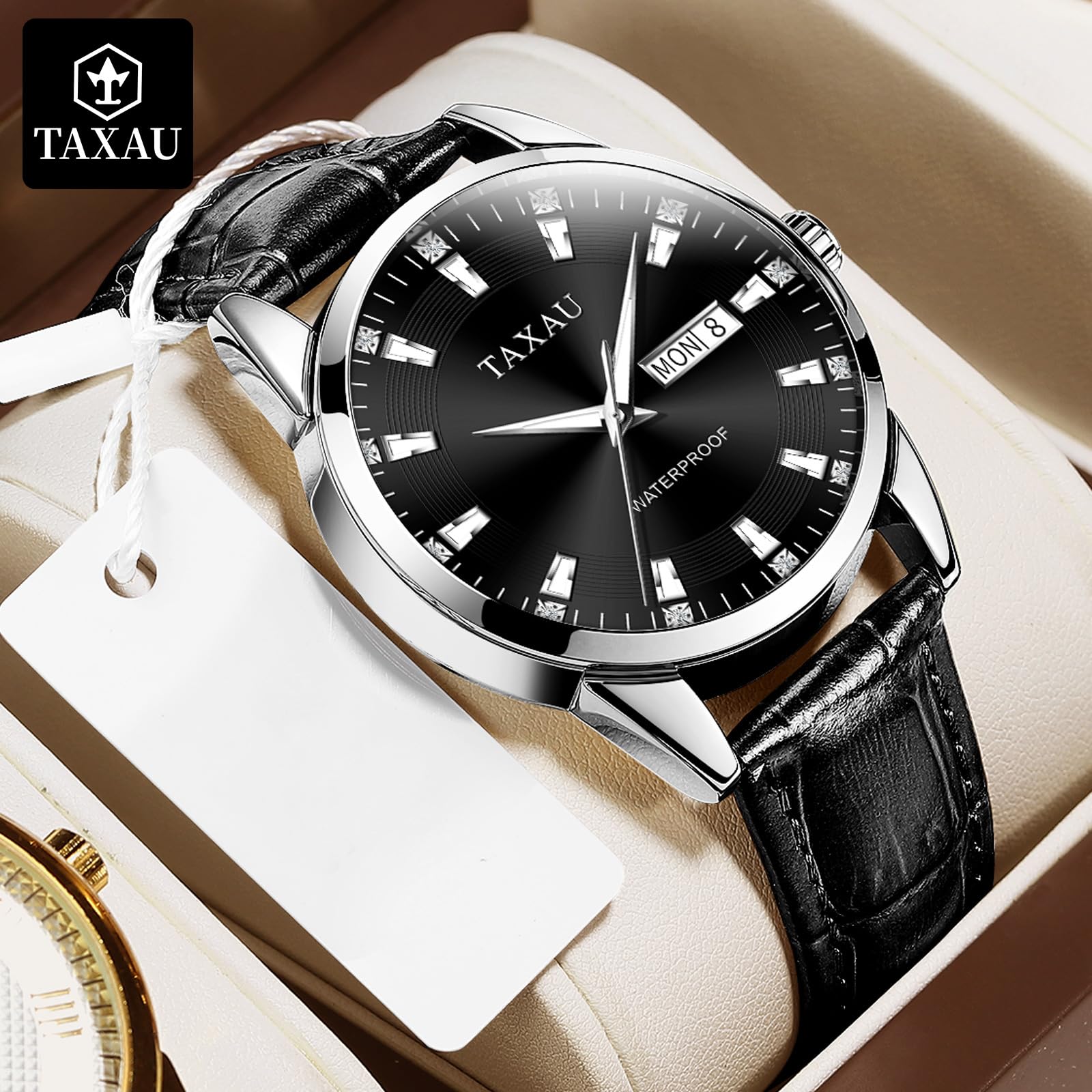 Taxau Montre classique en cuir pour homme - Analogique - Grand cadran - Montre de luxe étanche - Date de jour - Reloj para hombre