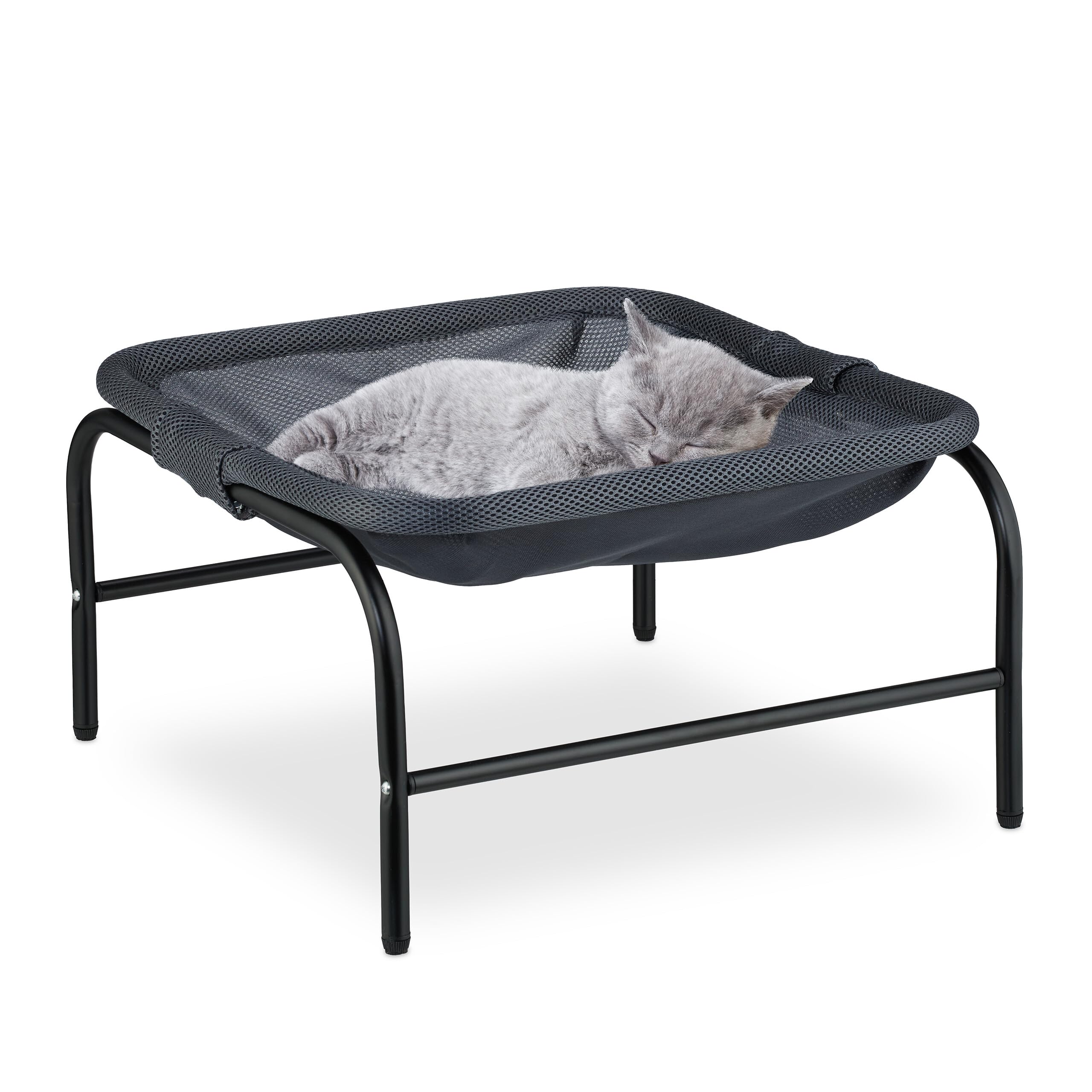 Relaxdays Cat Hammock Bed, Freestanding, Raised Pet Perch, 27 x 45 x 45 cm, Mesh, Dog Lounger with Stand, Grey/Black