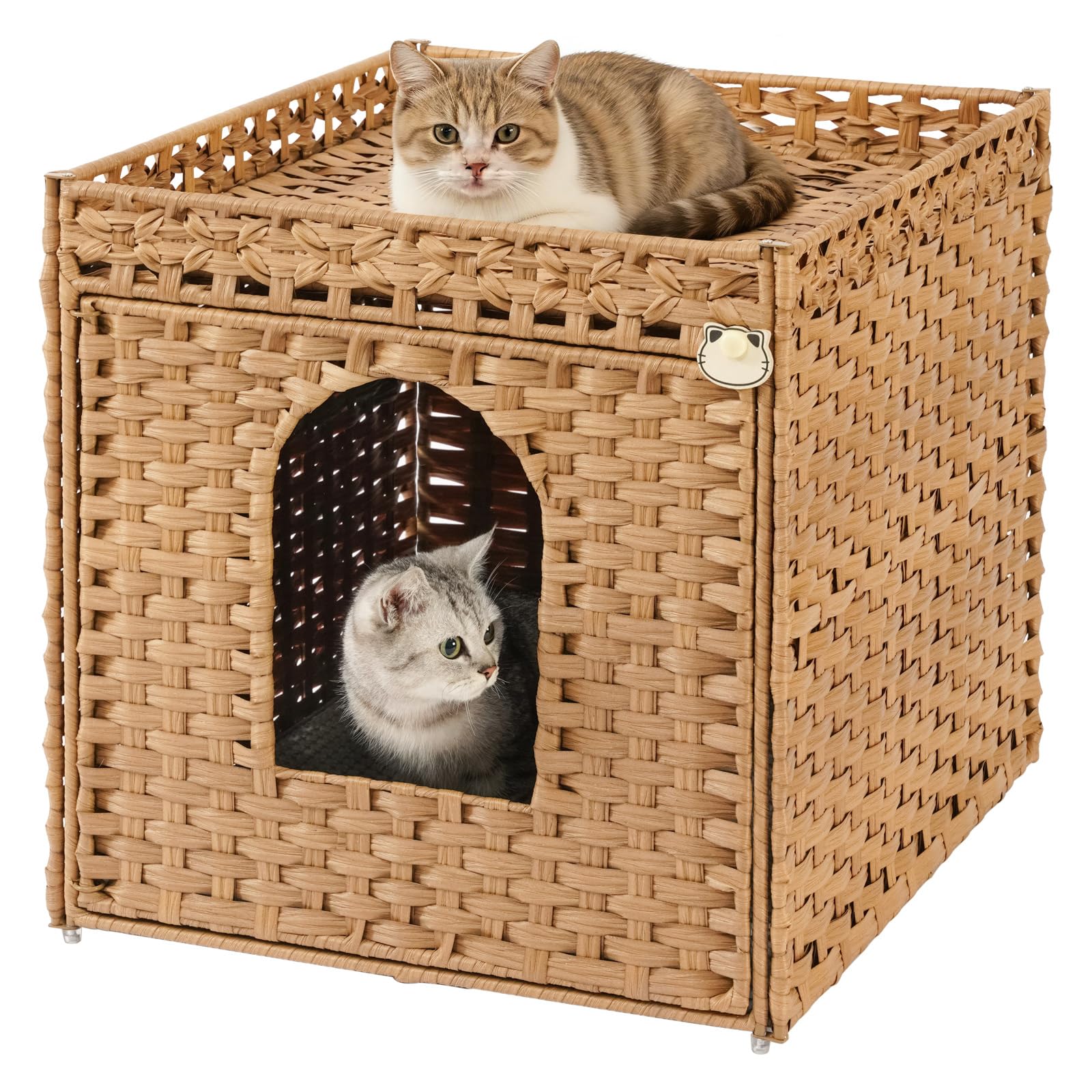 similar to cat litter box enclosure furniture, large hidden litter box furniture, handwoven rattan cat house cabinet, one mat, two s-shaped hooks, living room, apartment 21.6 x 26 x 21.6 inches, natural