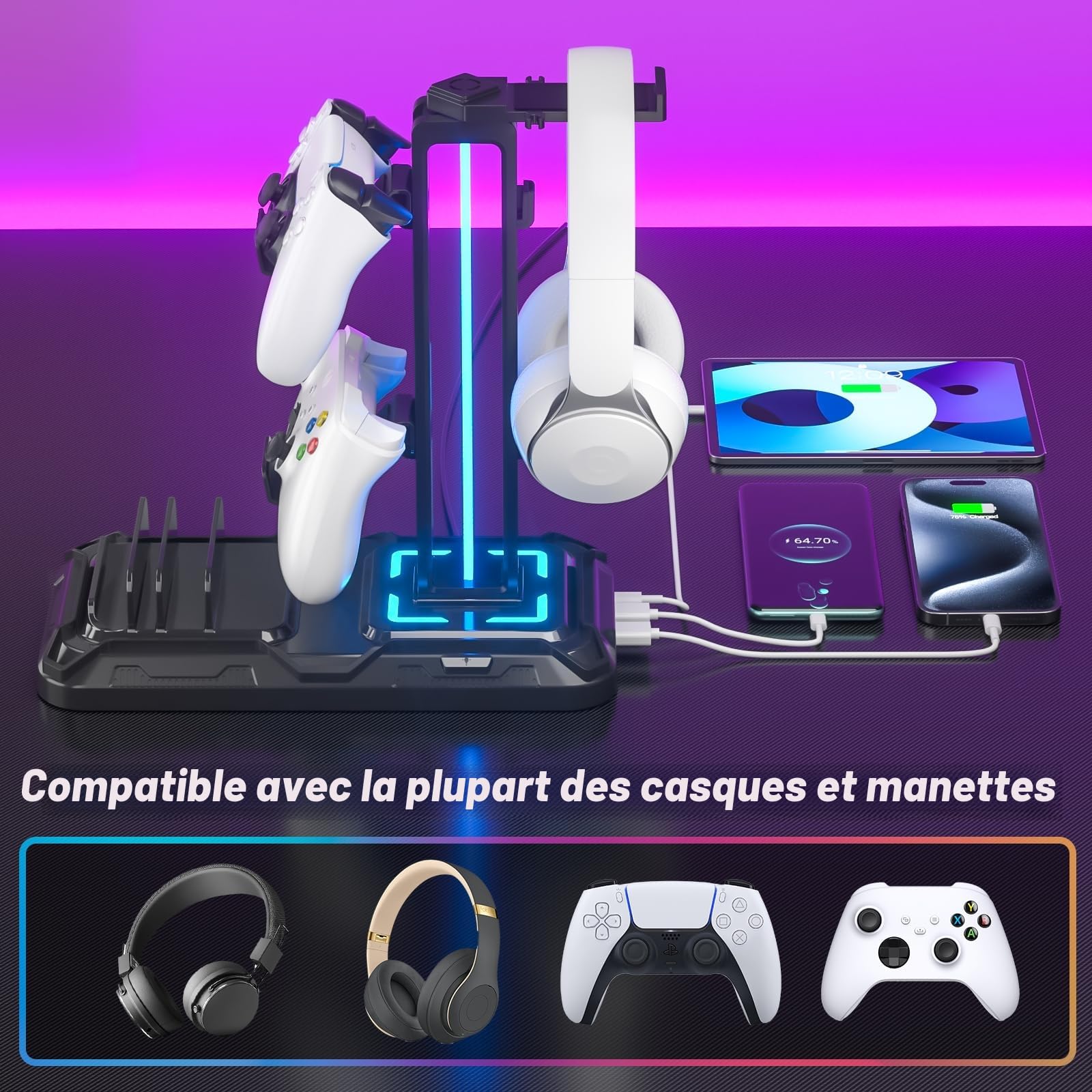 KDD Support Casque Bureau avec Support Téléphone - Support Manette Détachable avec 9 Modes d'éclairage, Repose Casque Gaming avec Ports de Charge USB, Porte Casque Rotatif pour PC Gaming Accessoire