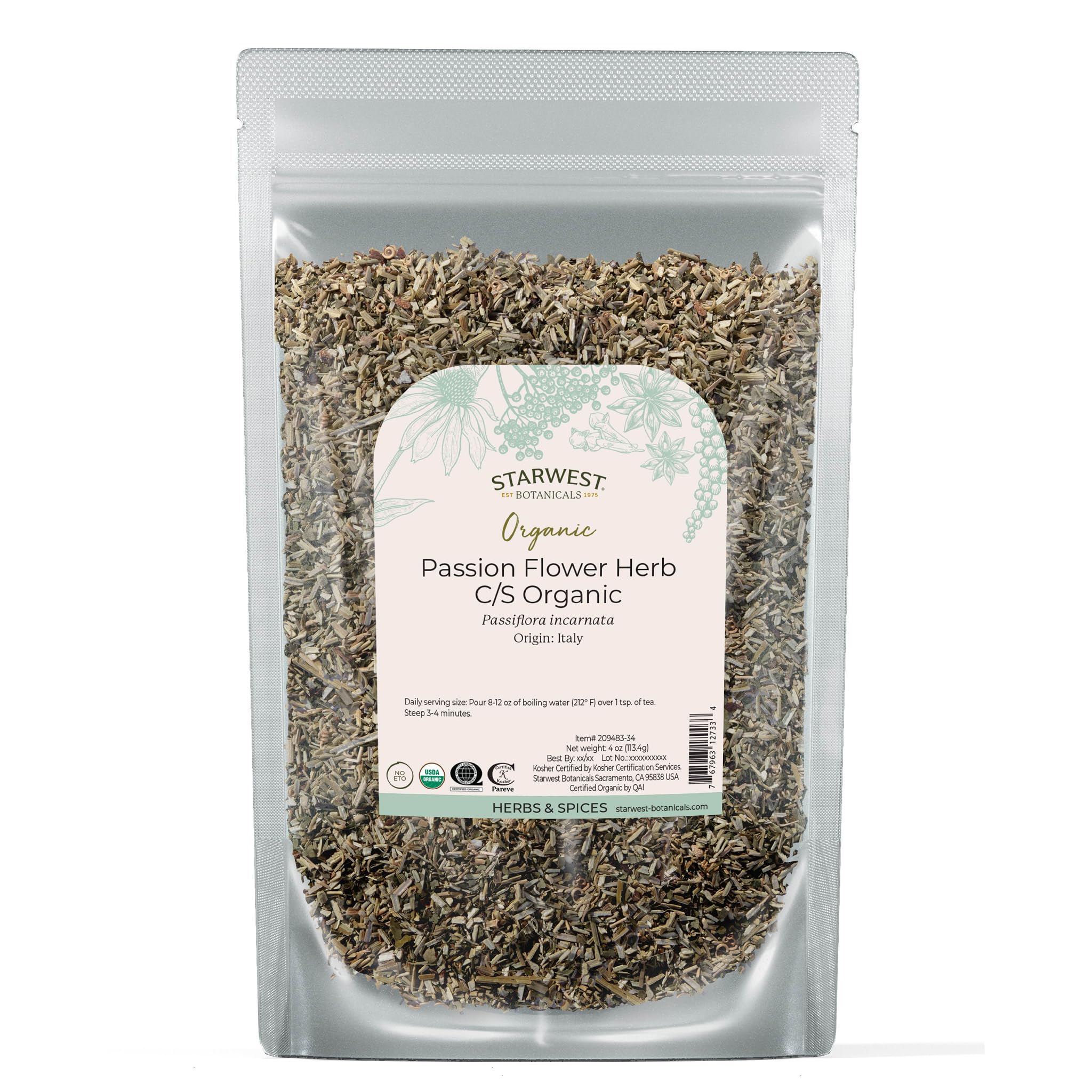 Organic Passion Flower - Dried Loose Leaf Herb for Tea, Herbal Blends, & Smoothies, Natural Passiflora Incarnata, Cut & Sifted, Certified Kosher, Non-GMO - 4 oz Pouch