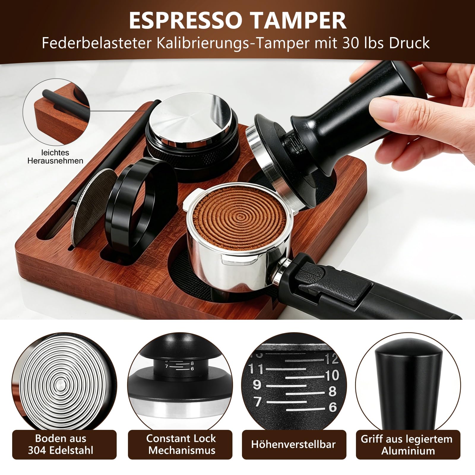 Espresso Zubehör Set 7tlg. – WDT Tool, Tamper, Distributor, Dosierring & Tamperstation | Barista Set aus Edelstahl für Siebträgermaschinen | Schritt-für-Schritt Zubehör für Café (58mm)
