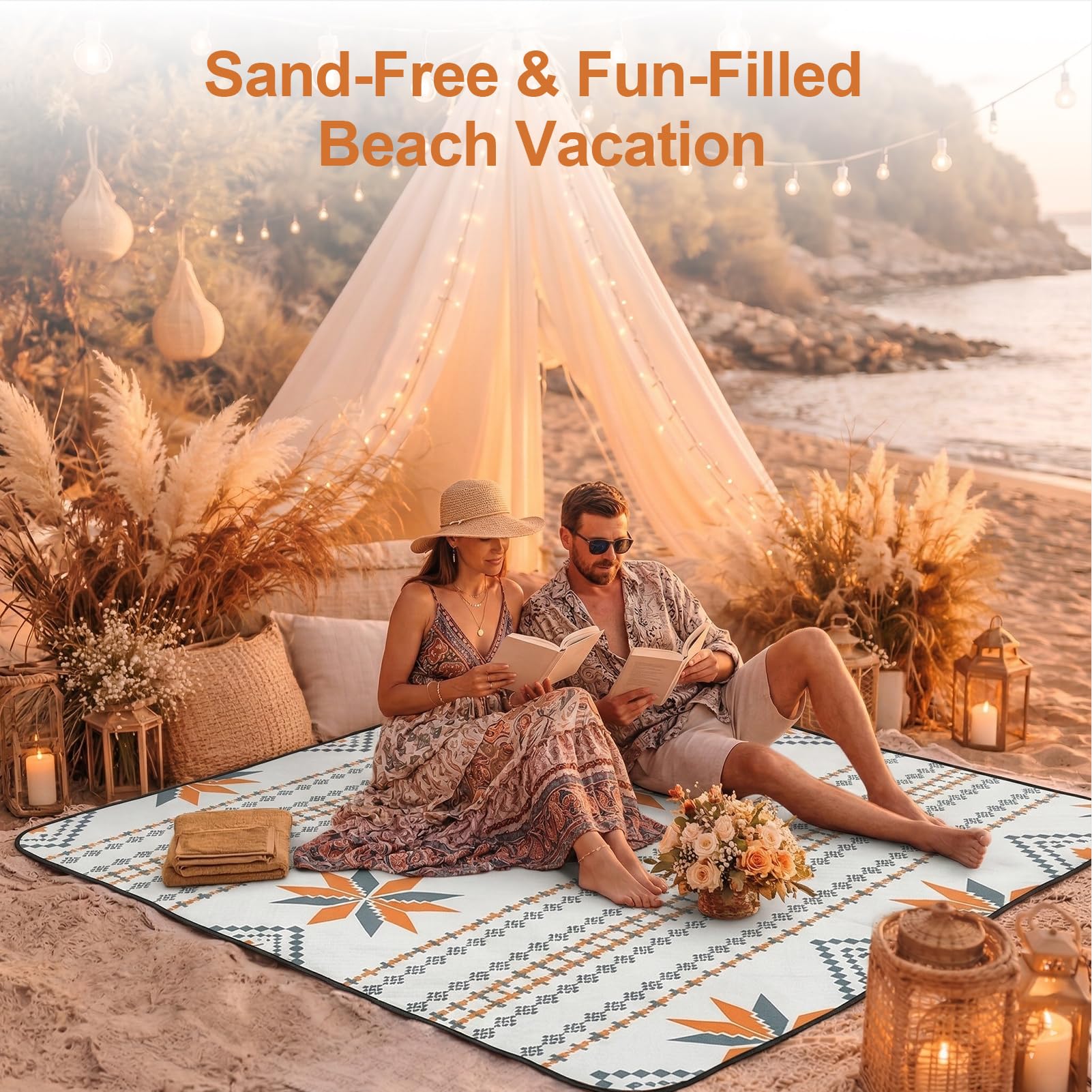Koc piknikowy w stylu boho, wodoszczelny, 200 x 200 cm: koc plażowy, bez piasku, z uchwytem do noszenia, mata plażowa, nadaje się do prania, koc kempingowy, na suchą, plażę, piknik, wędrówki