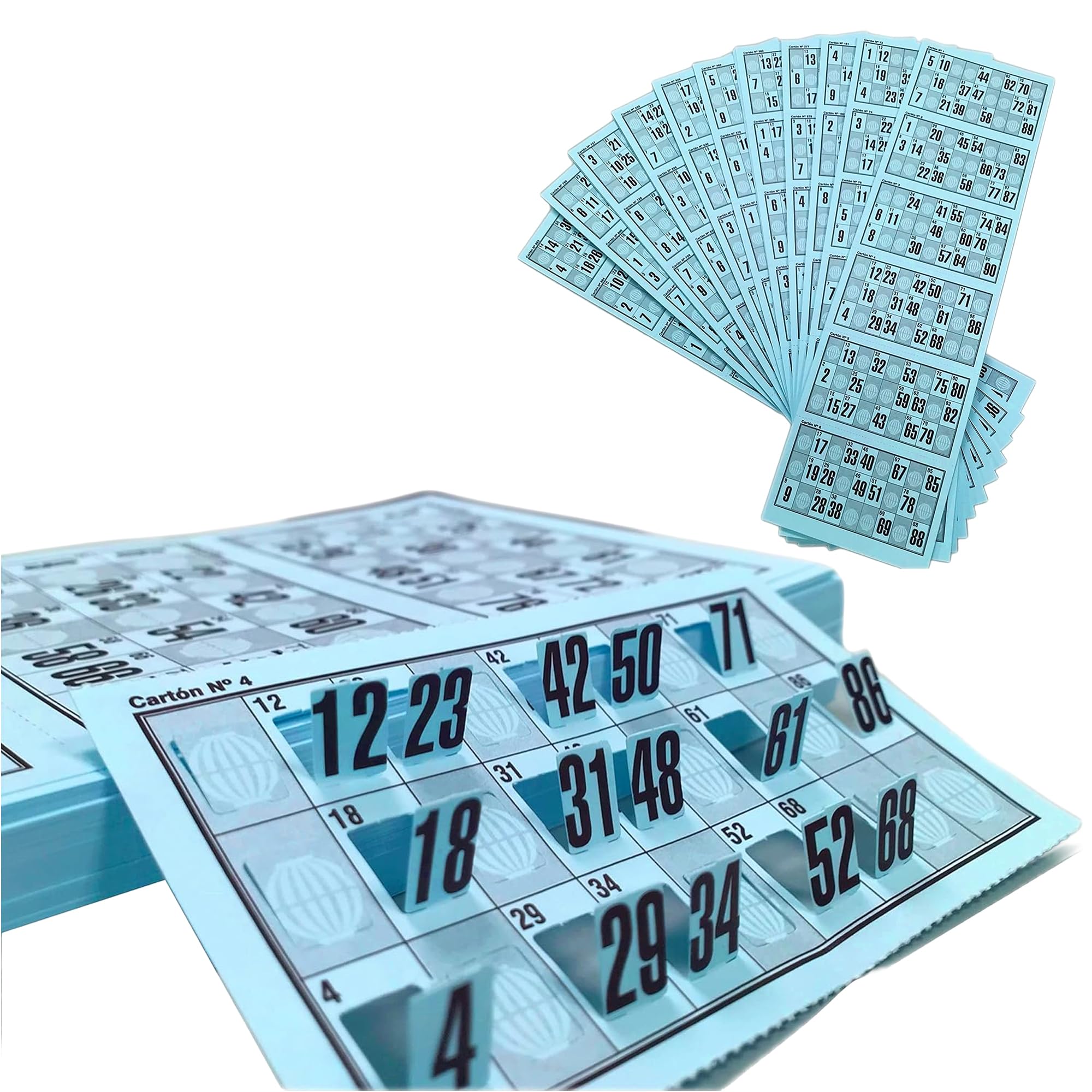 Genérico 318 Cartones Bingo Troquelados Reutilizables 90 Bolas – Cartones de Bingo, Serie Completa Numerada, Juego Tradicional para Eventos y Asociaciones, Pack Completo Listo para Jugar (Azul)
