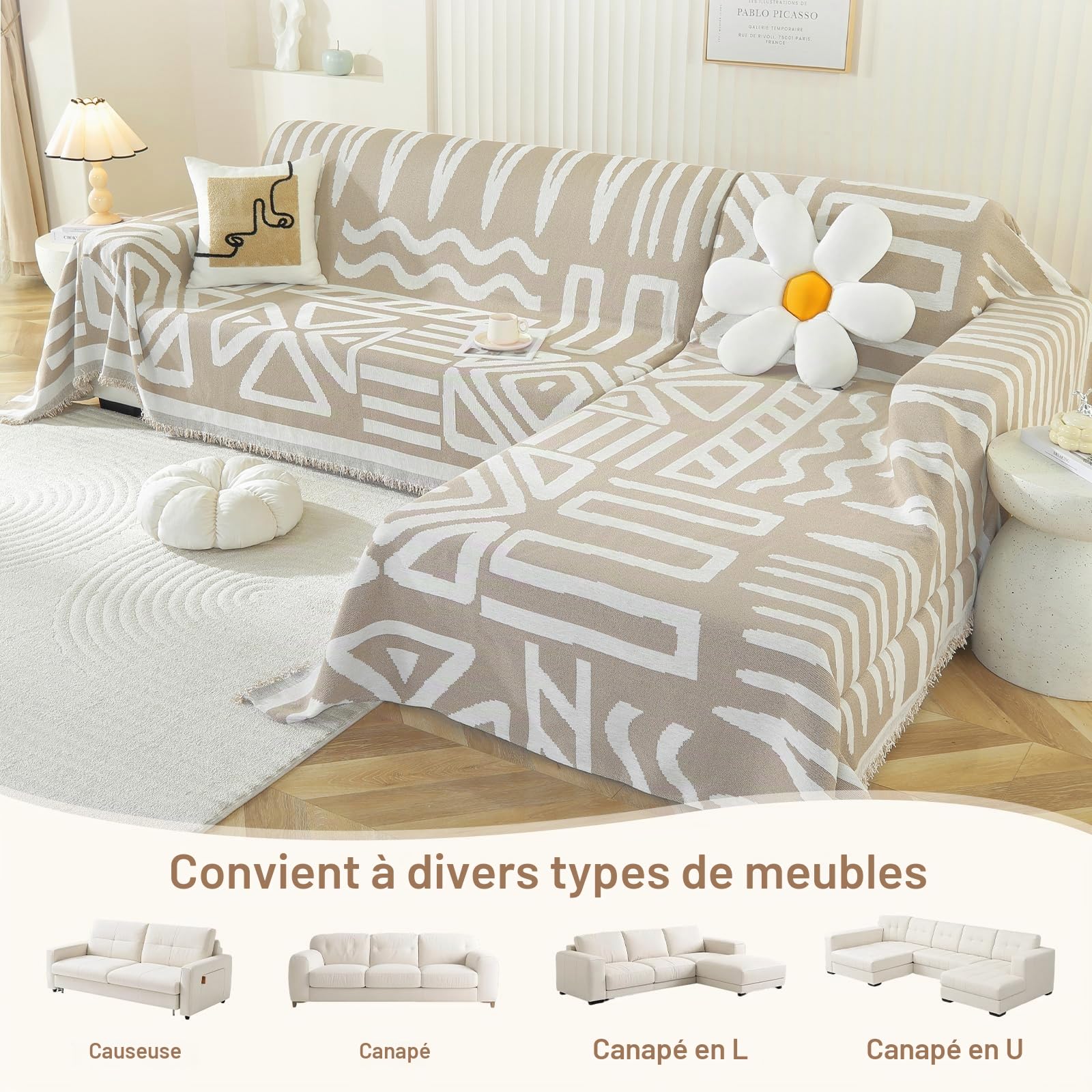 OstepDecor Housse de Canapé 1/2/3/4 Places, 180 x 260 cm, Jeté de Canapé en Chenille Douce, Protège-Canapé Tous Les Saisons, Antitache et Facile à Nettoyer (Kaki Bohème)