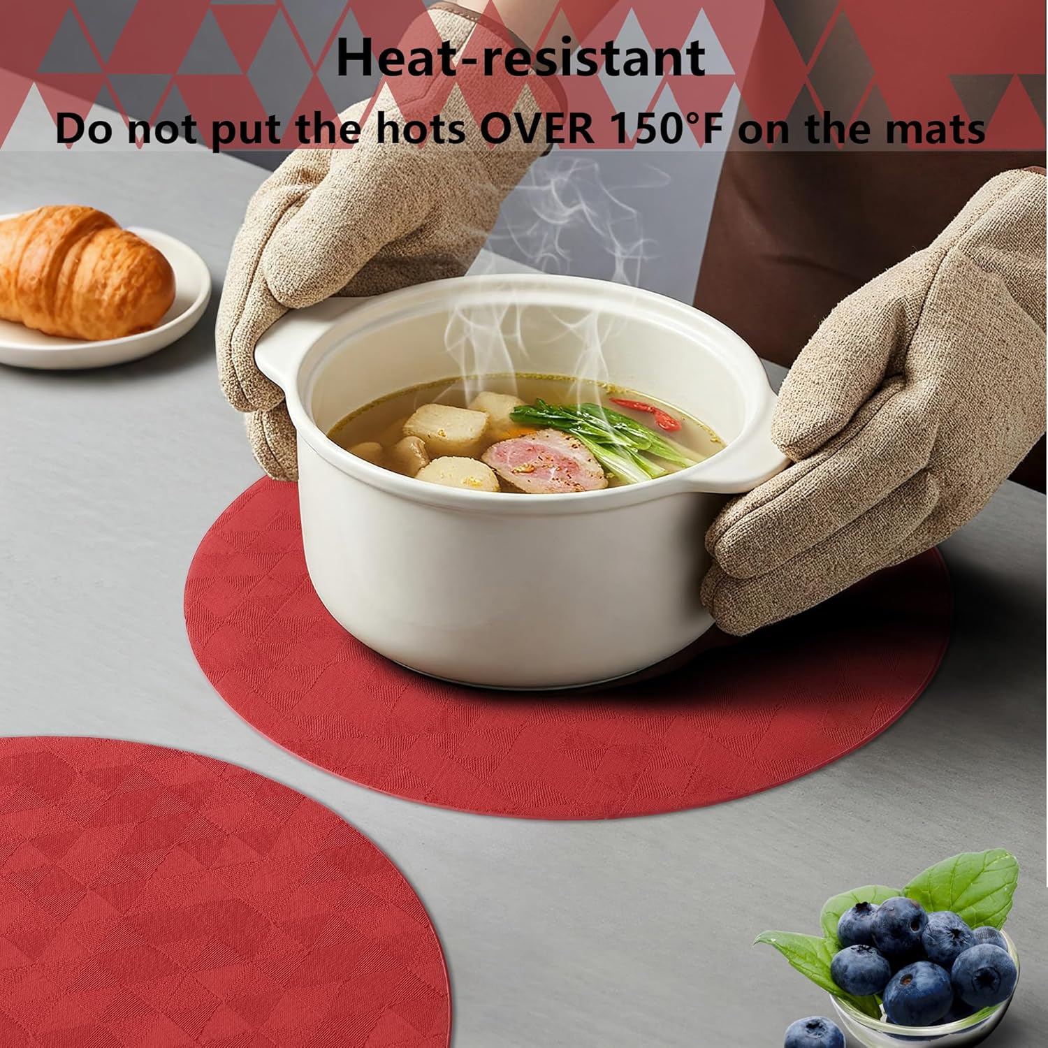 Jovono Upgraded 15" Round Placemats Set of 6, Waterproof & Oil-Proof, Non-Slip Reversible Washable Big Table Mats, Spill-Proof for Kids Families, Restaurant, Hotel, Kitchen, Indoor, Red