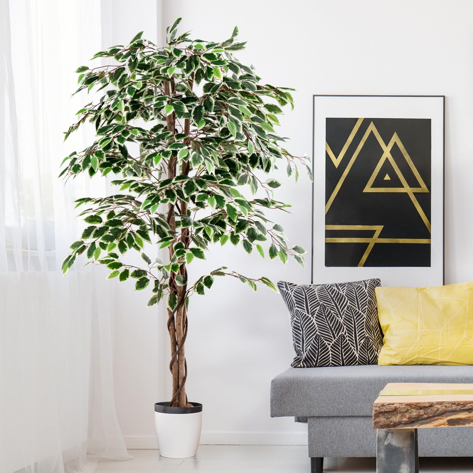 COSTWAY Albero di Fico Artificiale 160 CM, Pianta Finta da Interno con 1008 Foglie, Tronco Naturale in Legno, Vaso Robusto, Muschio Secco, Albero Finto per Casa, Ufficio, Soggiorno, Portico