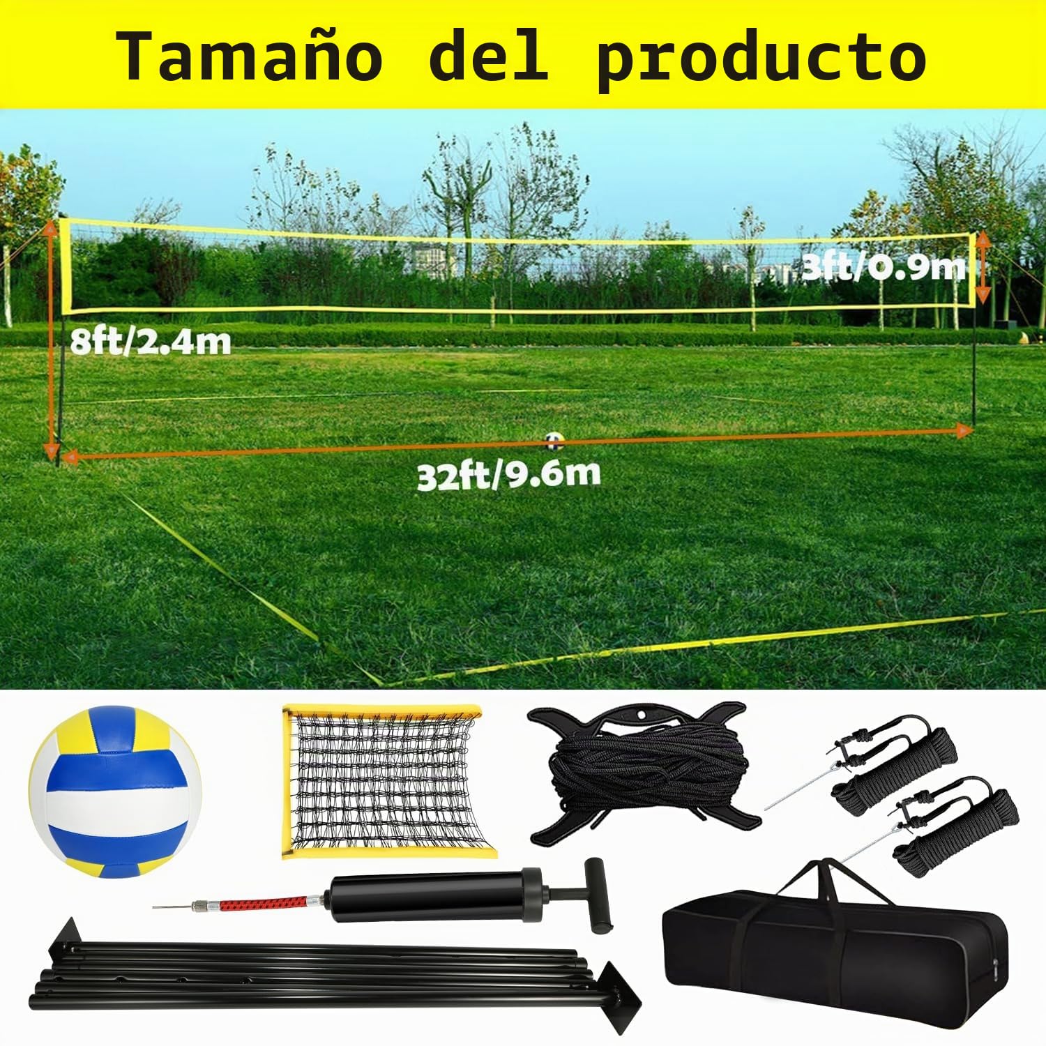Juego de Red de Voleibol, 9,5 m x 1 m, Juego de Voleibol de Playa, Juego Completo de Red Plegable con Postes de Acero, Marcas de Campo, Voleibol y Bolsa de Transporte, líneas de Voleibol, Altura