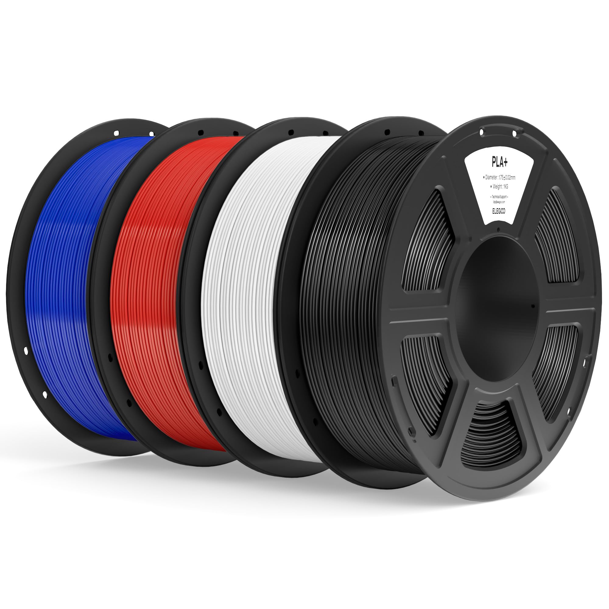 ELEGOO PLA+ Filamento 1,75mm Nero Bianco Rosso Blu Scuro 4KG, PLA Plus ad Alta Resistenza per Stampanti 3D, Precisione Dimensionale +/- 0,02mm, Bobina da 1kg (2,2lbs)