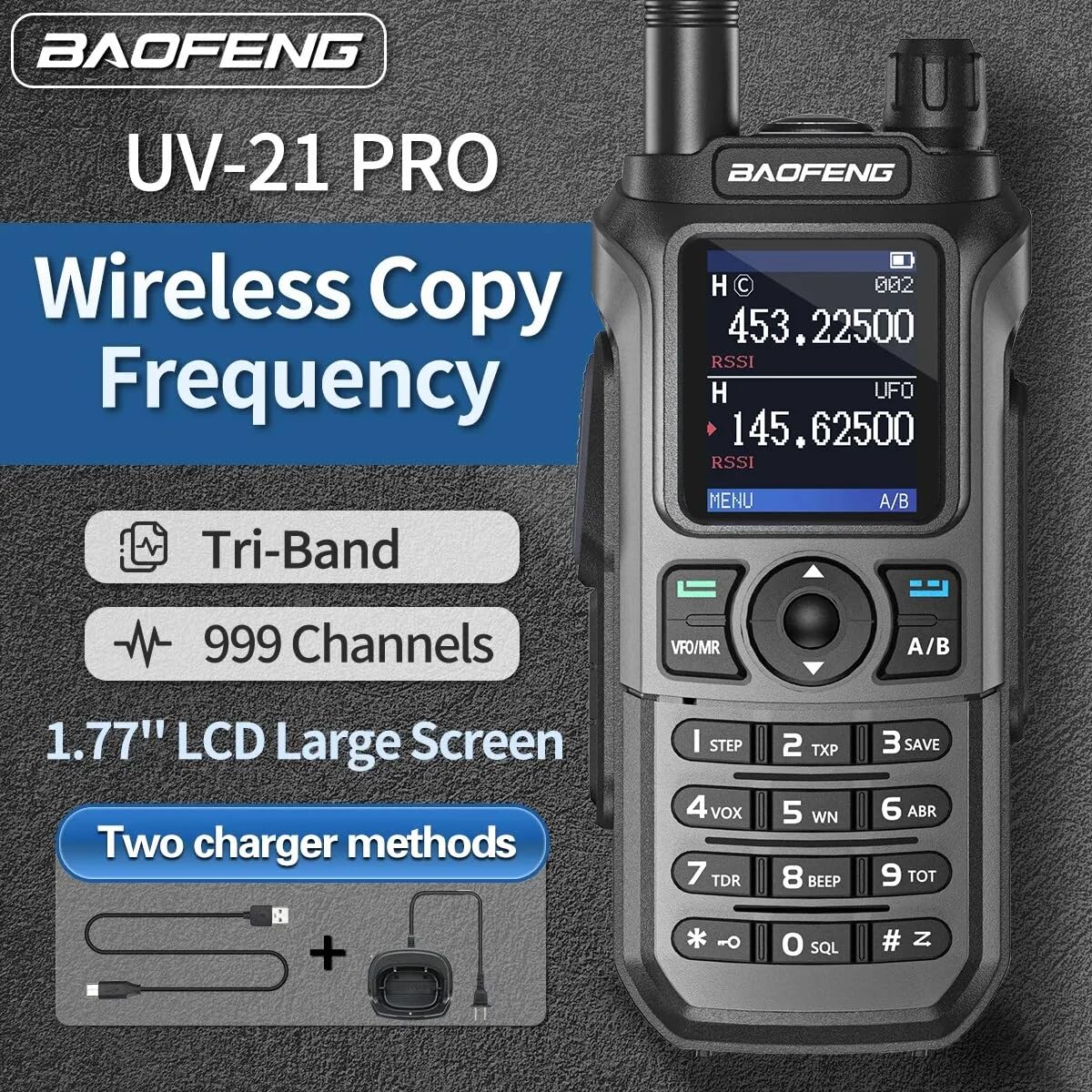 UV-21E Walkie Talkie de Largo Alcance,Compatible Baofeng Impermeable con Cargador Tipo-C, 144-146/430-440 16 KM de Alcance (Gris Oscuro)