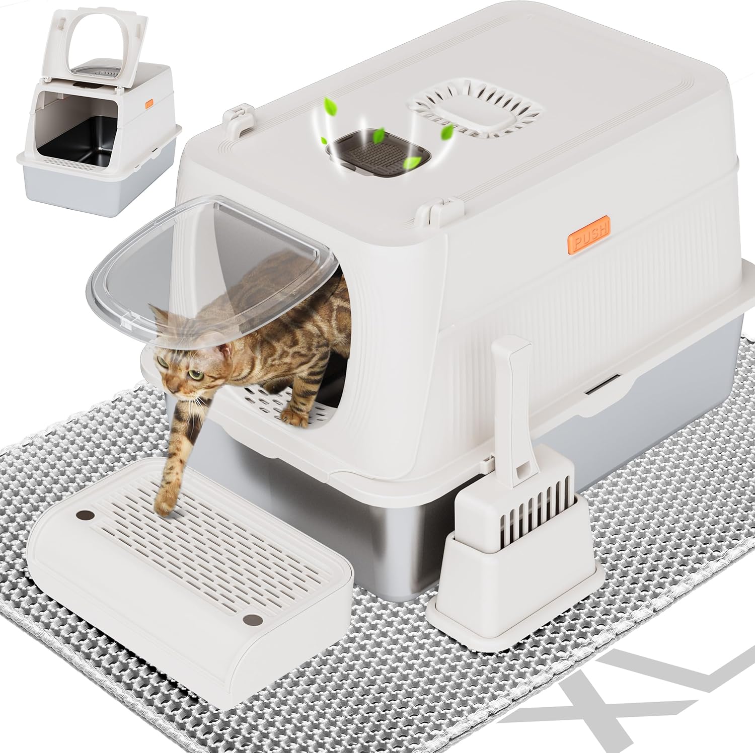 Citylife Stainless Steel Cat Litter Box with Lid?XL Extra Large Enclosed Removable Metal Litter Box with Litter Scoop&Double Layer Litter Mat,Non-Sticky?Non-Odor,Easy Cleaning, for Big Cats?White