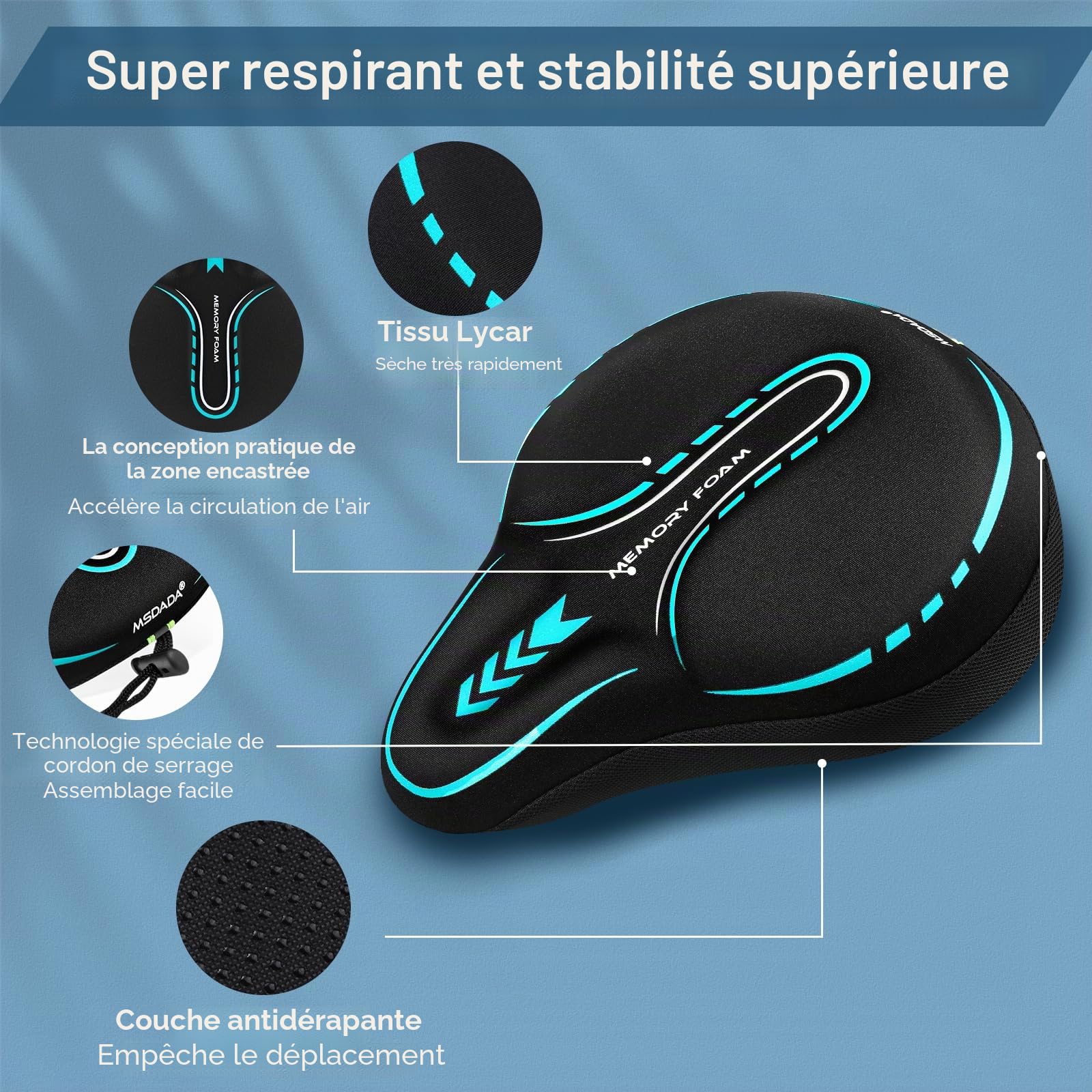 MSDADA SDADA Grande Housse de siège de vélo rembourrée en Gel Doux pour Homme et Femme, Accessoire de vélo Confortable, Housse de siège en Gel pour extérieur et intérieur (Cyan)