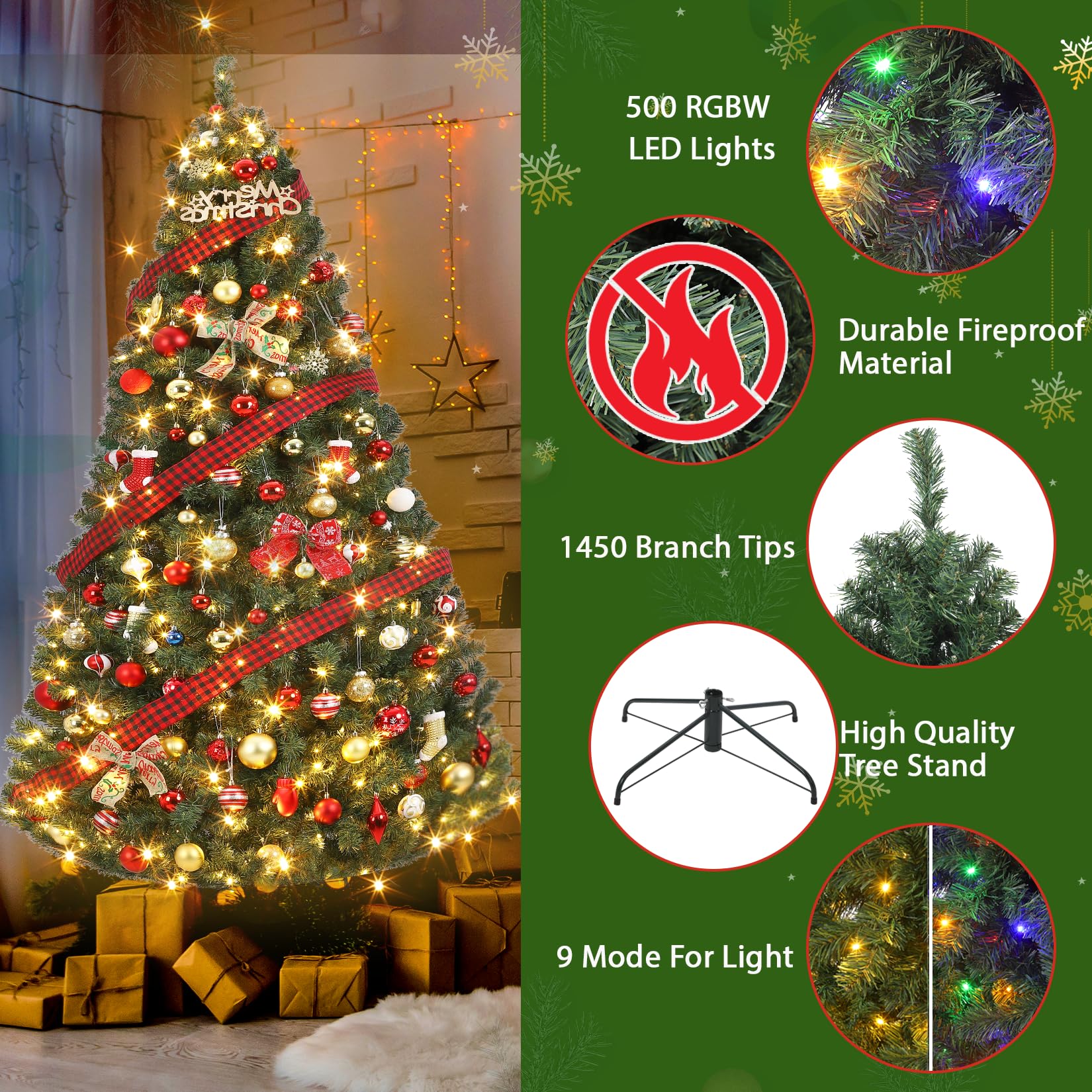 Garvee 180 cm Weihnachtsbaum Künstlich mit 250 Beleuchtung, Künstlicher Weihnachtsbaum, PVC Tannenbaum mit 758 grünen Spitzen Ø 114 cm Kunstbaum Weihnachten mit Metallständer& Klapp-Schirmsystem