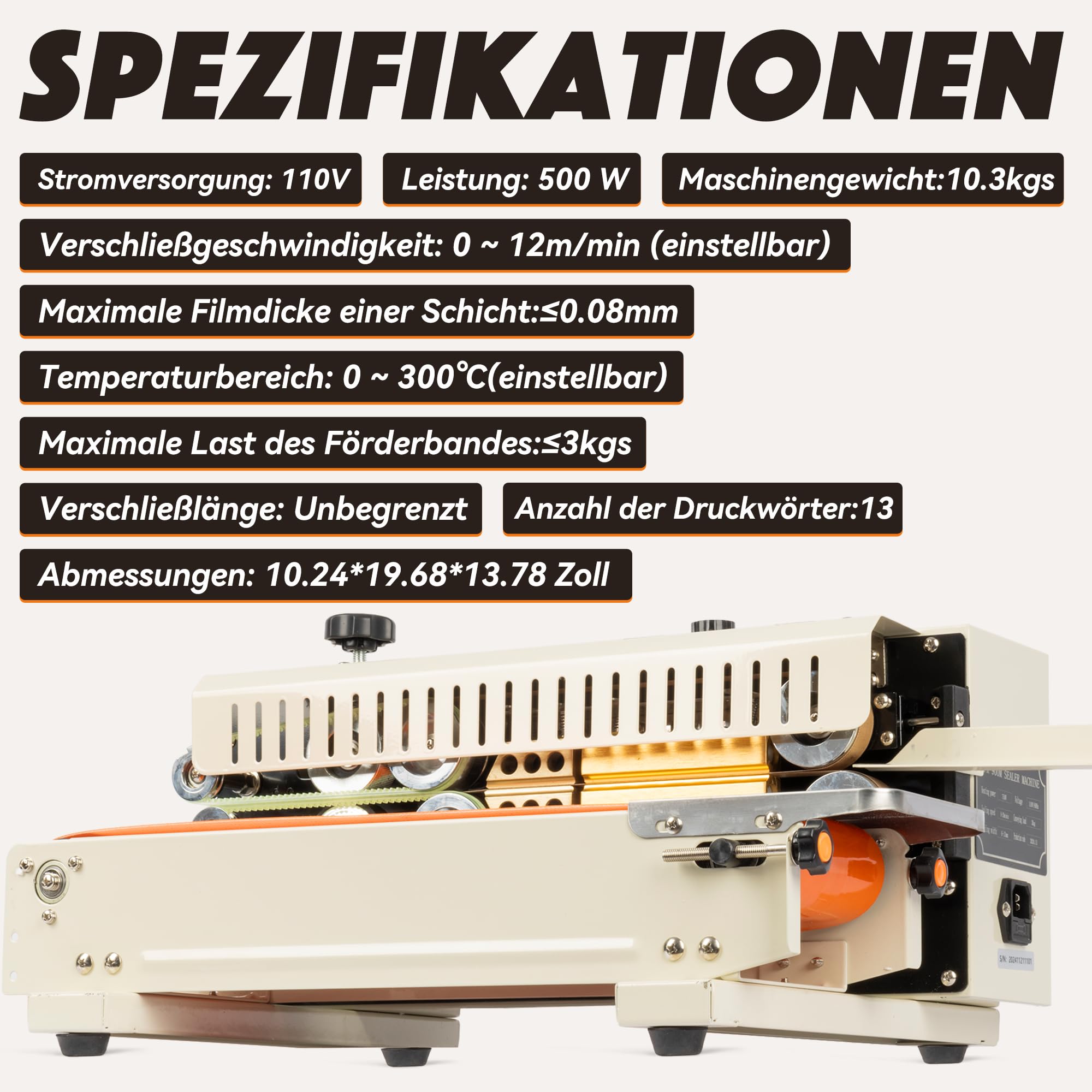 U.S. Solid Automatischer Kontinuierliche Bandversiegelungsgerät – Horizontales Tisch-Versiegler für PVC-Beutel (0,02-0,8mm) mit Digitaler Temperaturregelung & Stempelkodierung (220V)