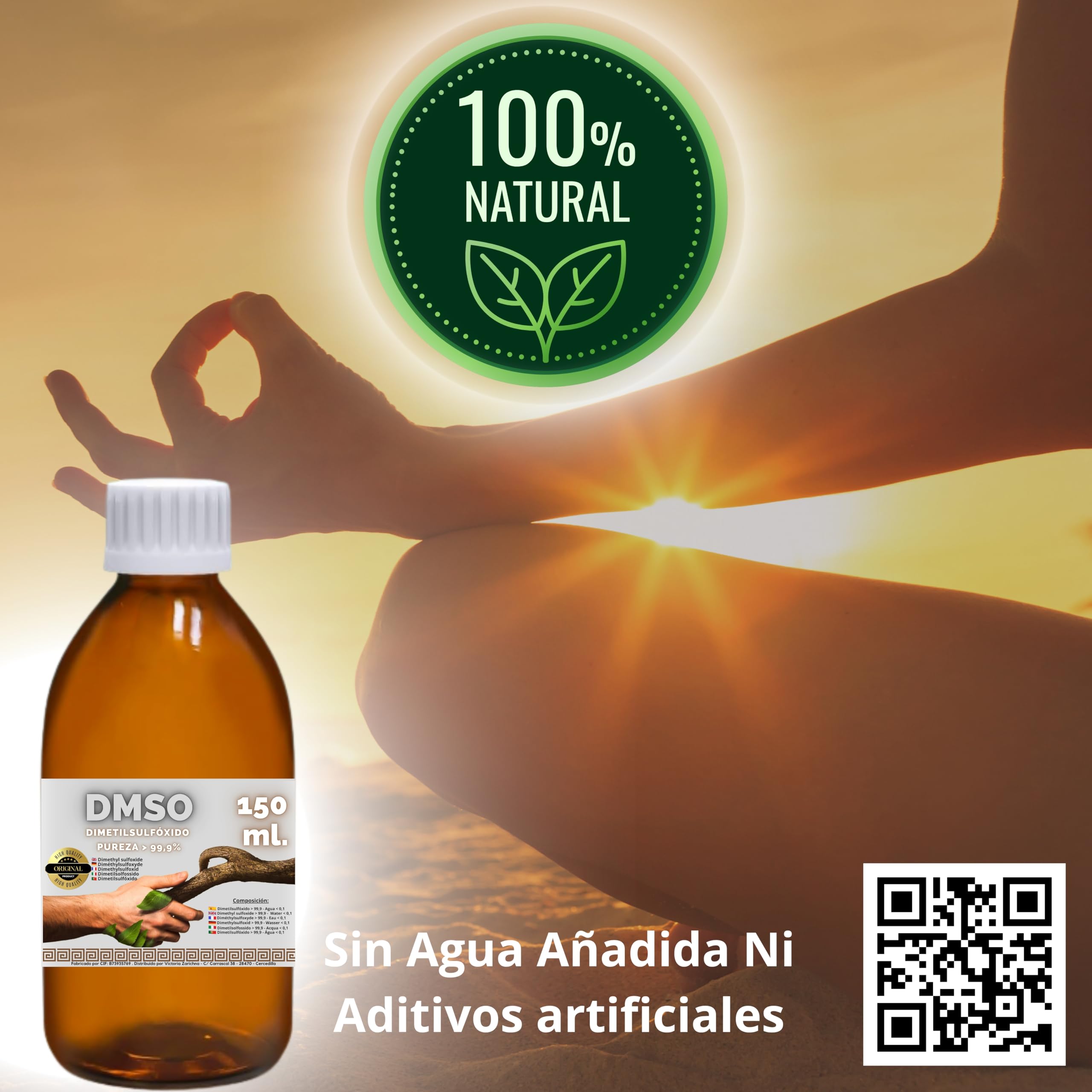 DMSO 150 ml. 99,9% Pureza Con Gotero | Dimetilsulfóxido Calidad Ph Eur | Regalo Frasco125ml + Difusor + Vasito Dosificador | Frascos Ámbar de Laboratorio | Precinto de Seguridad