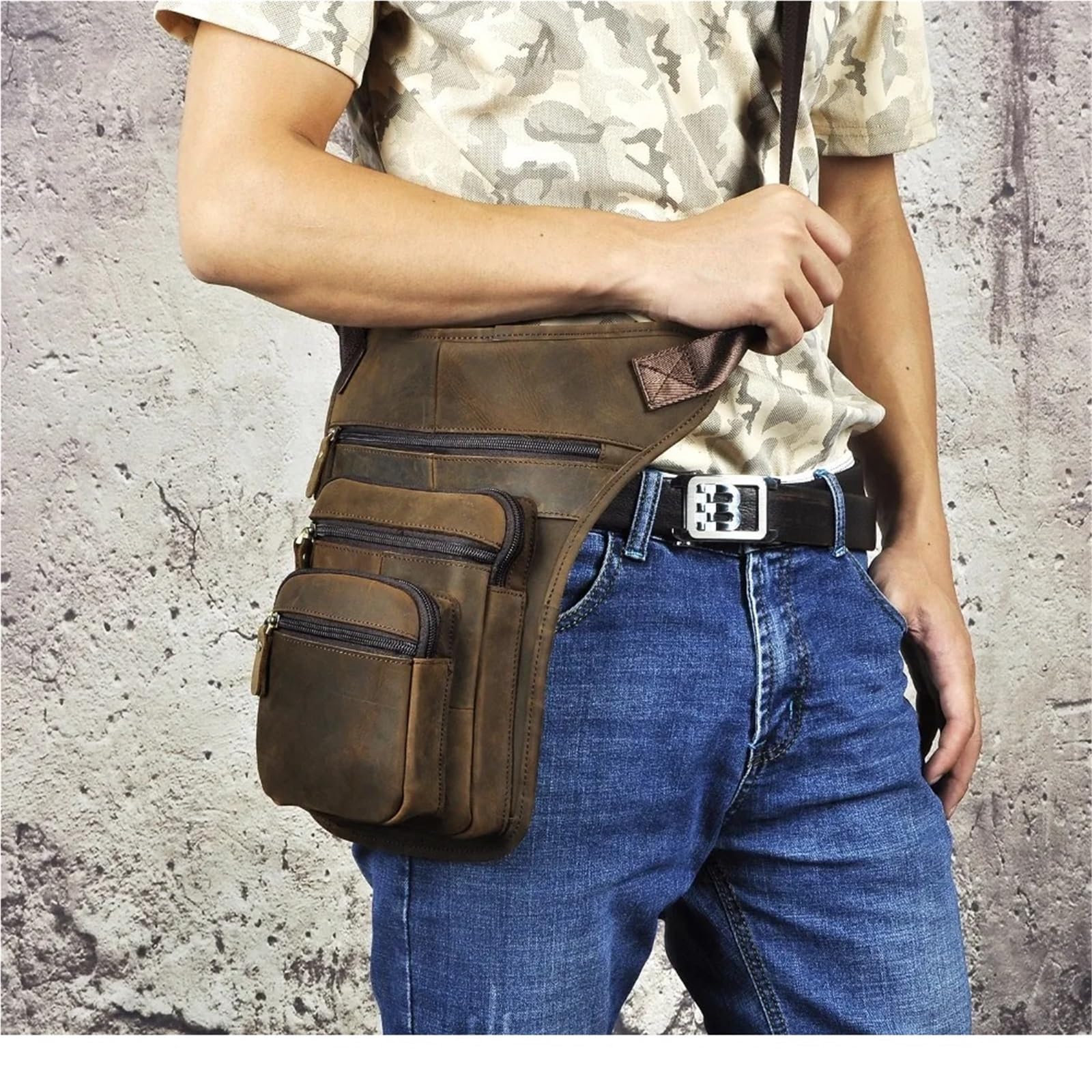Marsupio Da Gamba Borsa a tracolla da uomo in pelle con design tablet, vintage, da viaggio, con cintura, da gamba cadente